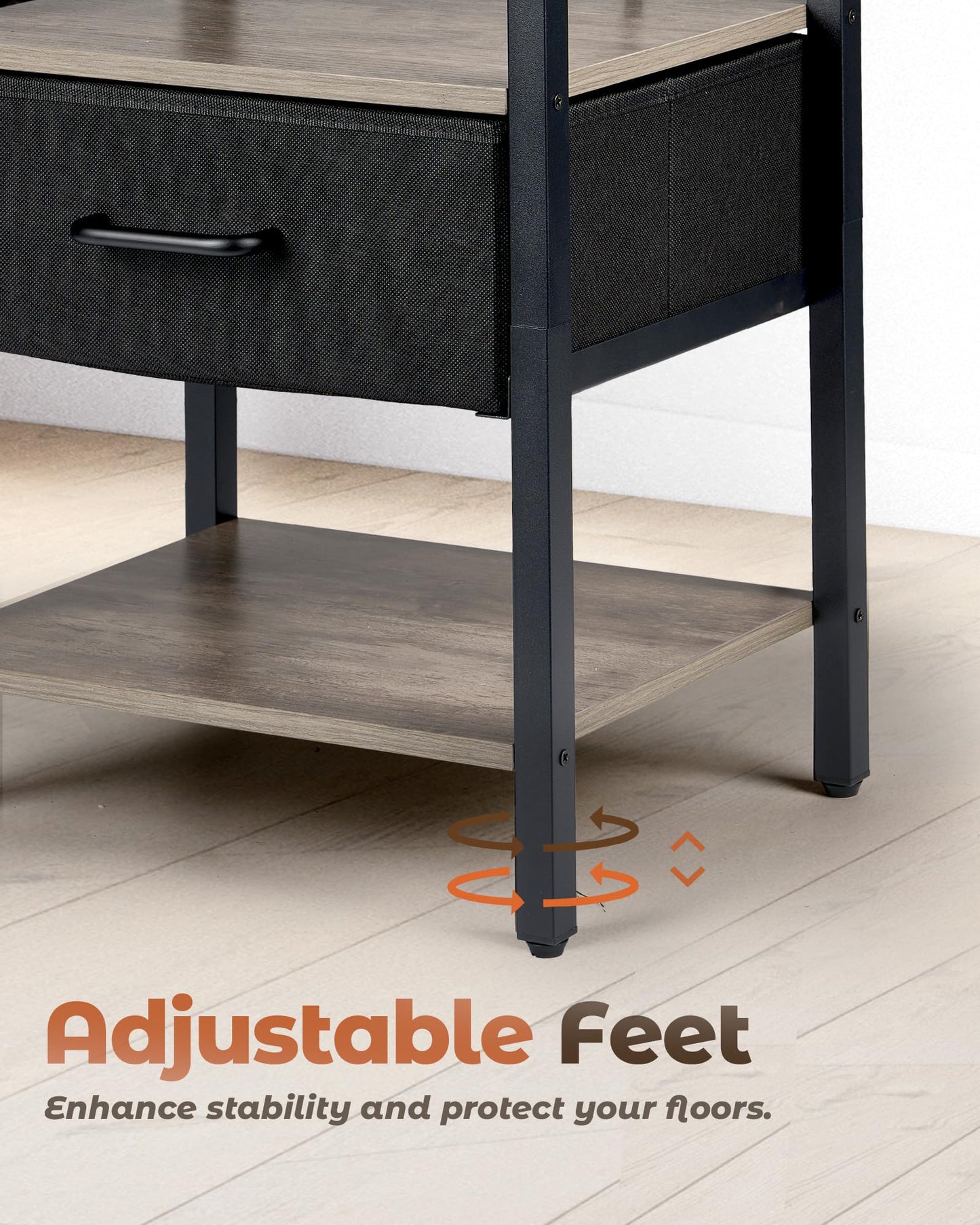 Upolana Nightstand with Charging Station, Bed Side Table with Fabric Drawer, 3-Tier Storage Dorm Night Stand for Bedroom, 2 USB & 2 Outlets End Table, Greige and Black