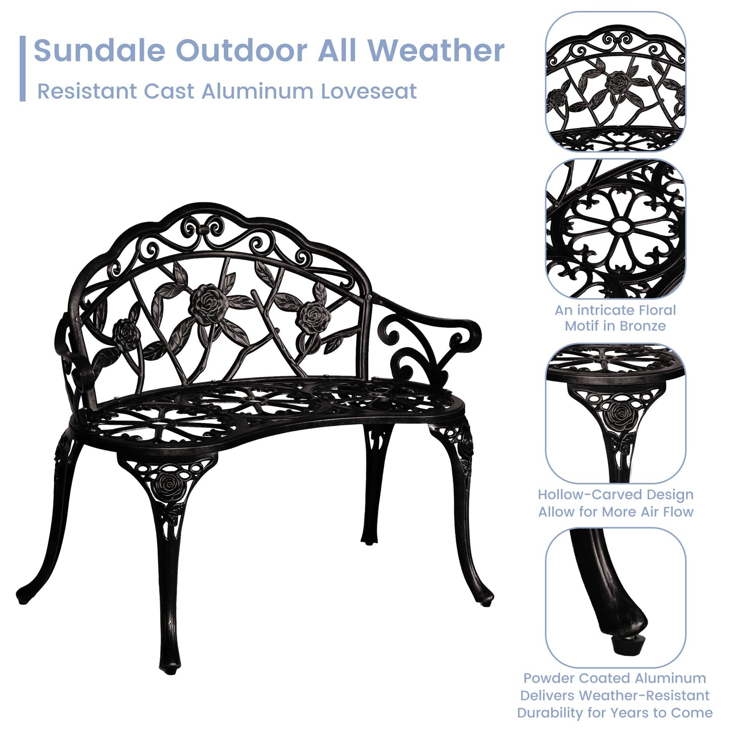 Aura Outdoor Cast Aluminum Bistro Set of 4, Patio Rose Table and Chair Set with Umbrella Hole for Balcony All Weather Resistant Black