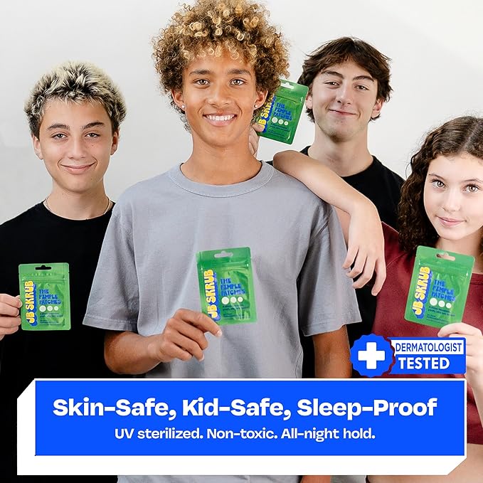JB SKRUB The Pimple Patches for Face Acne, Ultra Discreet Clear Hydrocolloid Patches with Salicylic Acid & Niacinamide, Skin Care for Kids & Teens - 3 Packs of 25 Small, Medium & Large Spot Treatments