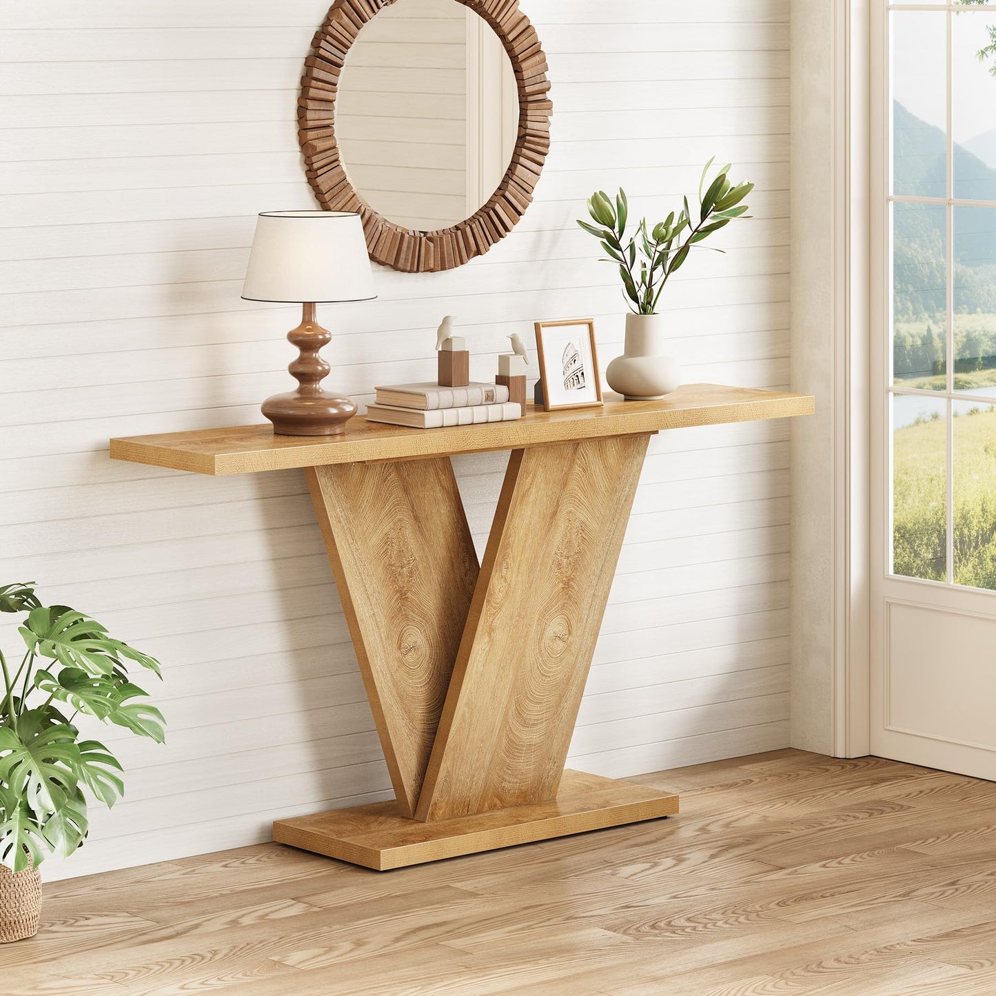 LITTLE TREE 63-Inch Console Table, V-Shaped Pedestal Side Table, Versatile Rectangular Farmhouse Sofa Table Entryway Console Table for Living Room, Hallway, Entrance, Brown