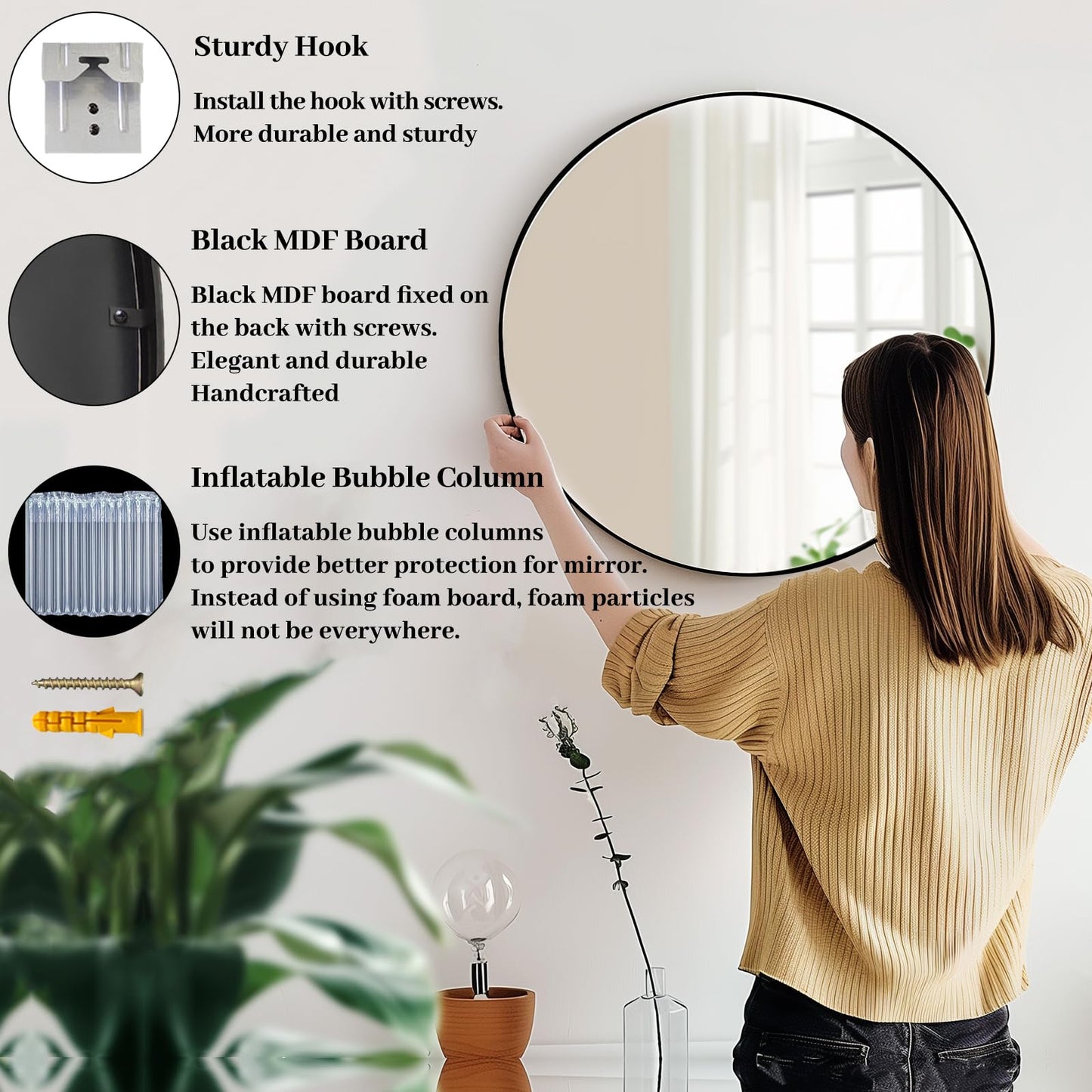 Sunniry Black Round Mirror, Round Mirror 24 inch, Black Circle Mirrors Metal Frame, Wall Mounted Mirrors for Living Room, Bathroom, Wall, Entryway, Rustic.