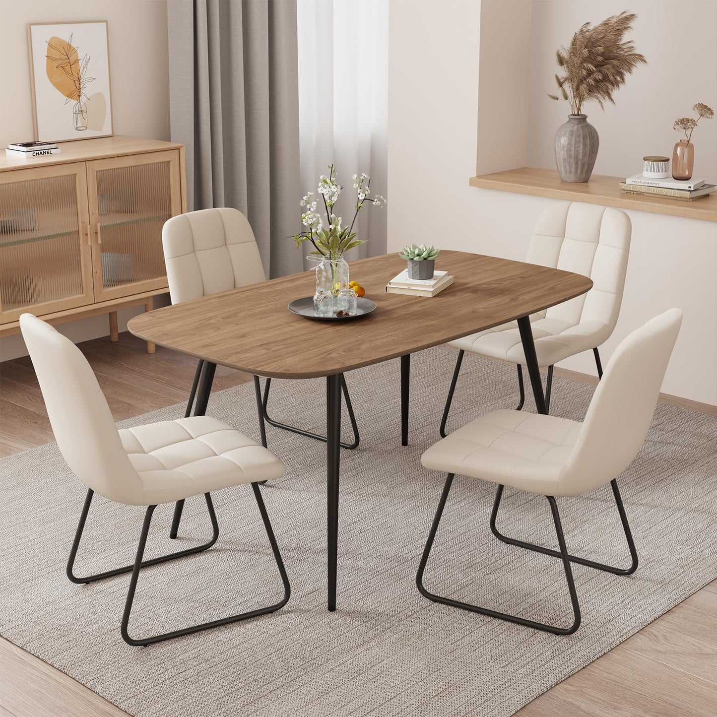 HIPIHOM 47.2'' Dining Table Set for 4,Modern Wood Dining Table,Leather Dining Chairs 4,Table and Chairs Set of 4,Ideal for Kitchen Dining Room (Walnut Color Table + 4 U-Shaped White Chairs, 47.2")