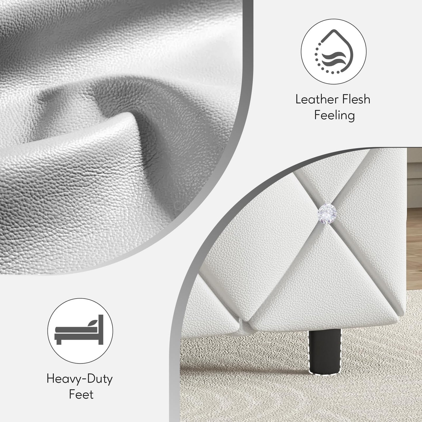 HOMBCK Queen Platform Bed Frame with Upholstered Diamond Headboard, Mattress Foundation with Strong Wooden Slats Support, No Box Spring Needed, Easy Assembly, Pearlized White