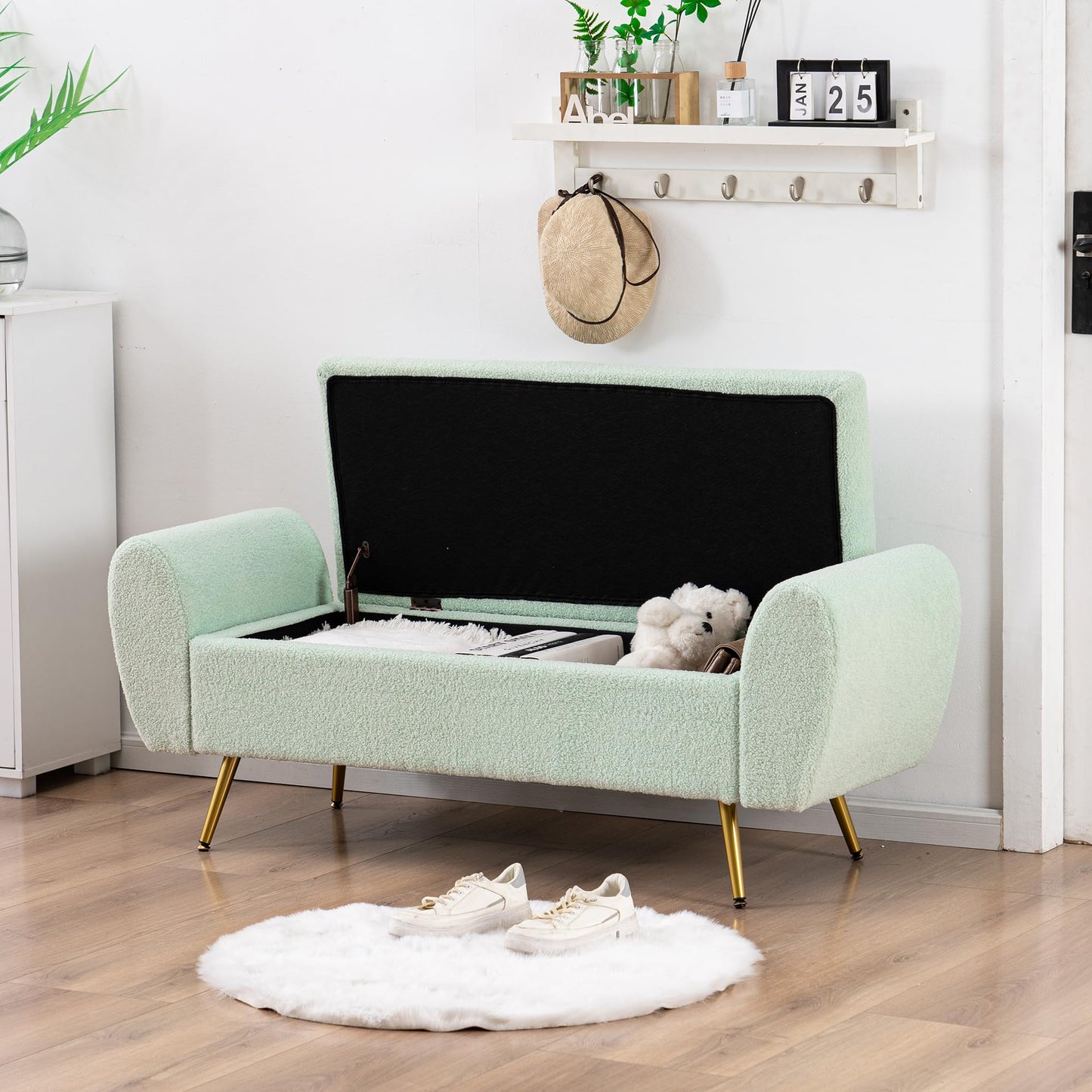 AIITTCC Teddy Storage Bench for Bedroom, Extra Long Boucle Bench for King Size Bed, Modern Upholstered End of Bed Ottoman Bench with Arms for Entryway Living Room (SAGE)
