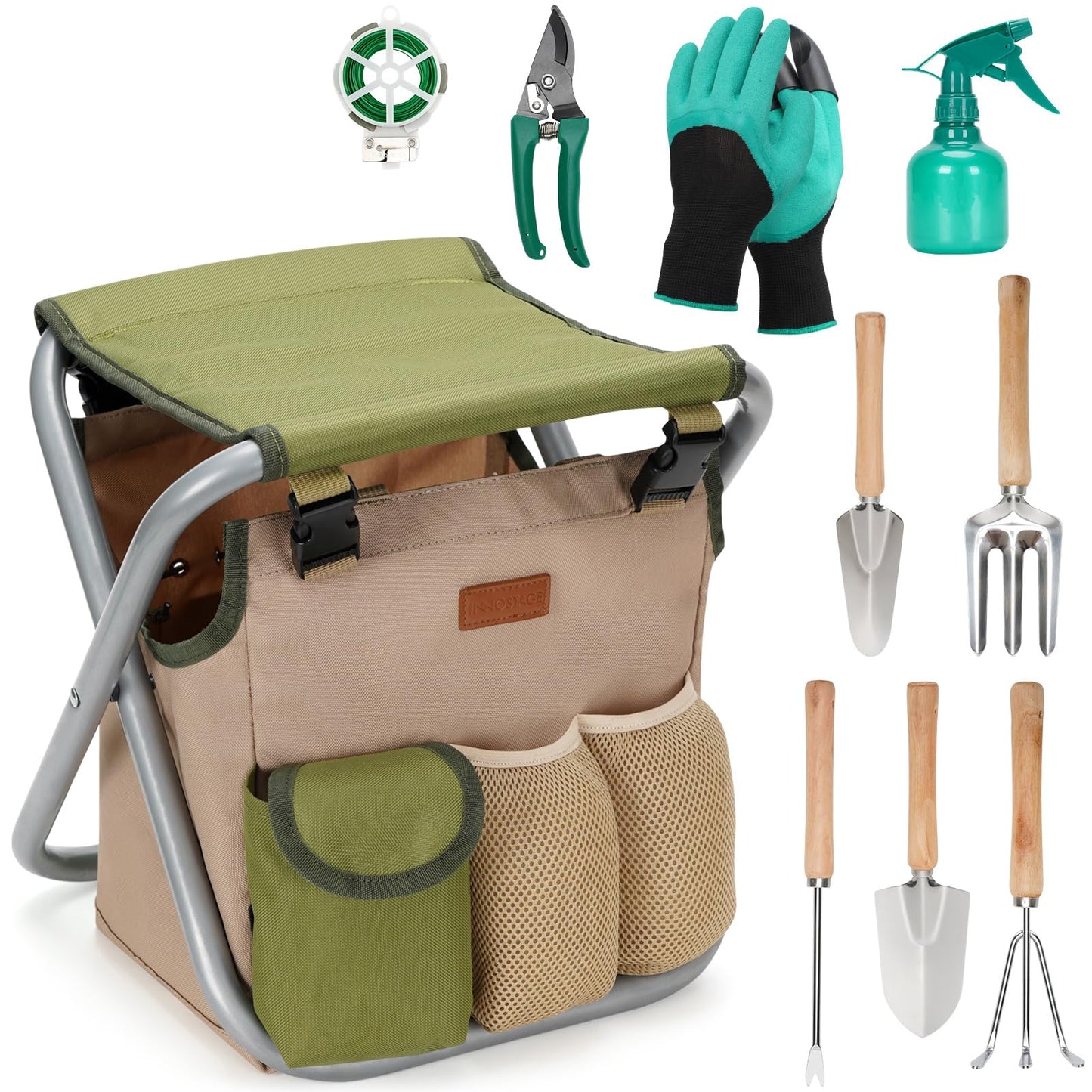 INNO STAGE 10 Piece Gardening Hand Tools Set with Garden Storage Tote Bag and Seat-Best Garden Tools Kit Organizer Valentine's Day Gifts