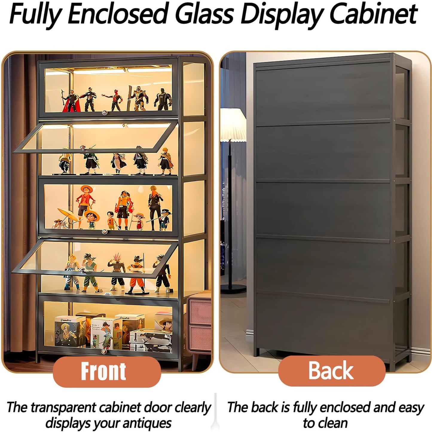 JOIHGA 5 Tier Display Cabinet with Acrylic Glass Doors, 68" Curio Display Cabinet with Adjustable Shelves, Large Capacity Storage Cabinet Collectibles Toy Organizers Rack & Display Shelf for Playroom
