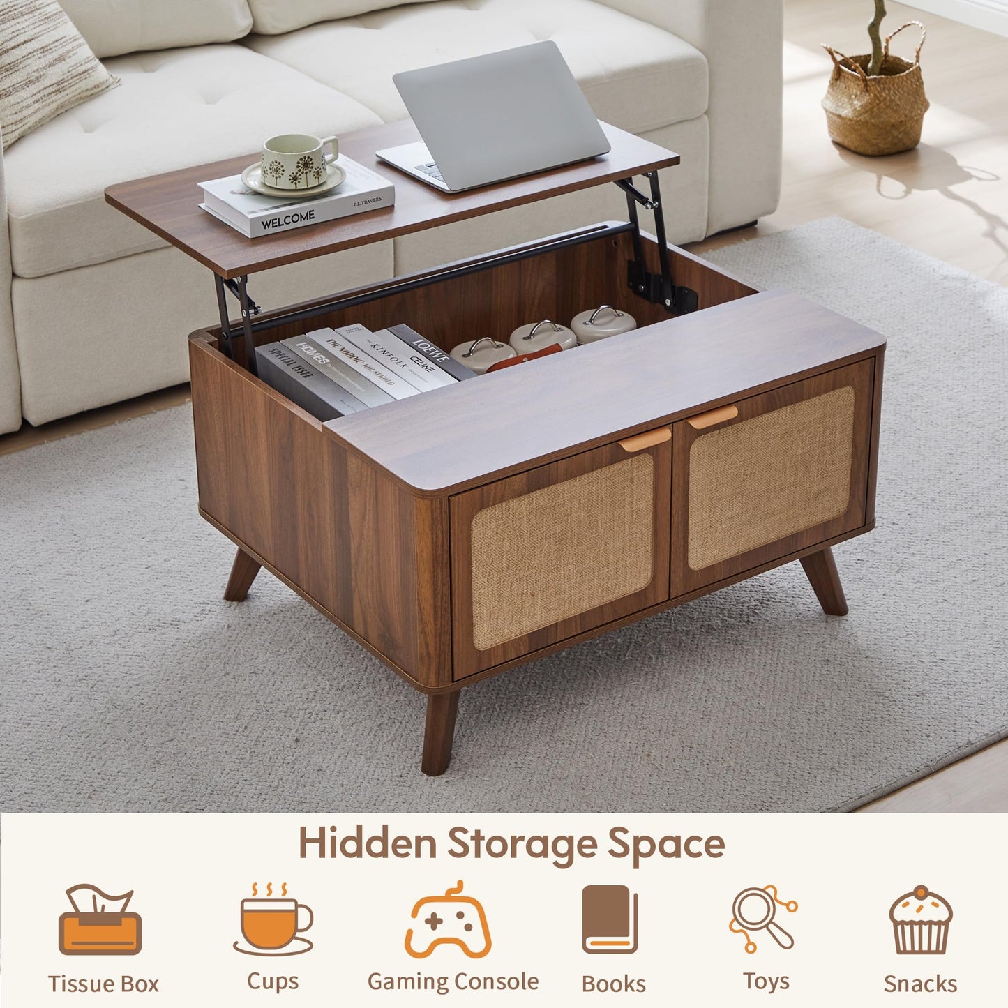 AVZEAR Wood Lift Top Coffee Table with Storage, Mid Century Modern Coffee Table with Nature Linen Doors & Large Hidden Storage, Curved Edge Center Table Farmhouse Coffee Tables for Living Room, Walnut