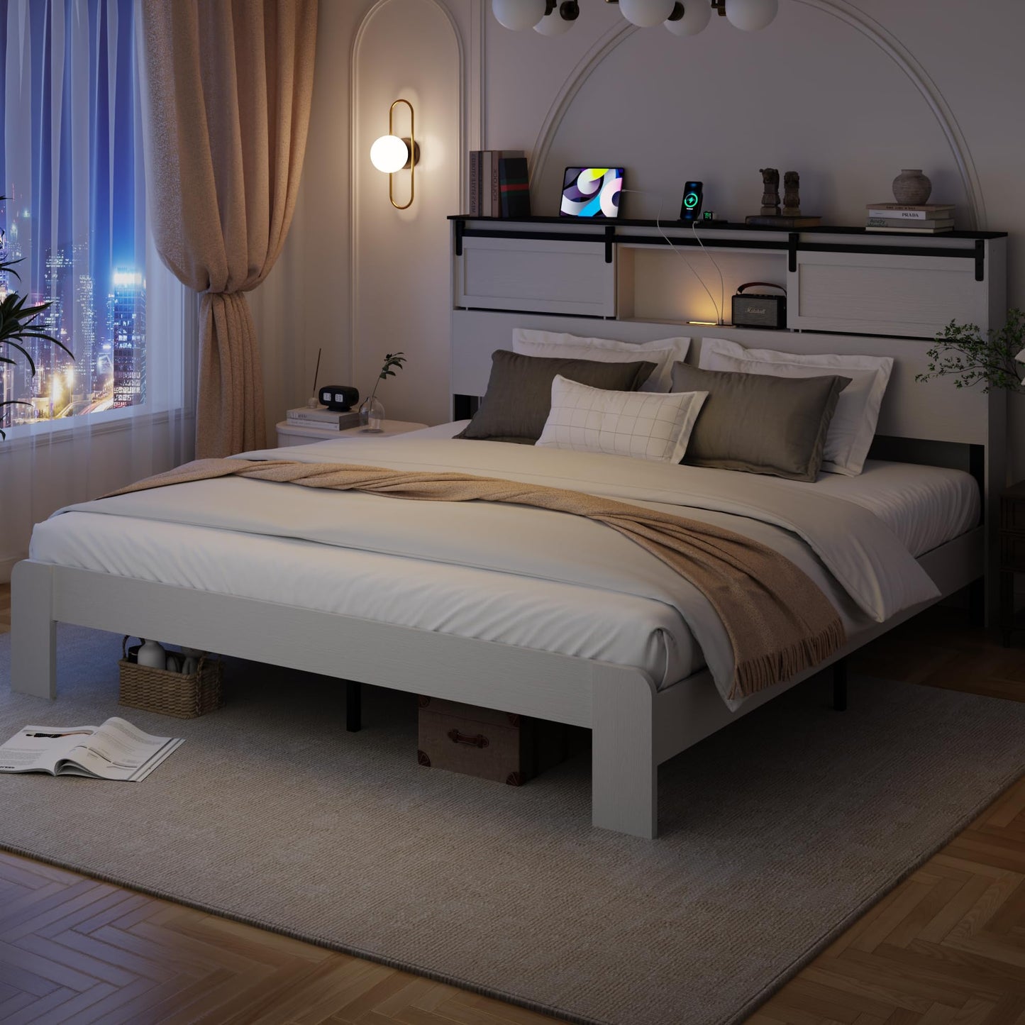 PAUKIN King Size Wooden Bed Frame with Storage Headboard,Boho Platform Bedframe with Sliding Barn Doors, LED Lights and Charging Station, Sturdy Metal Slat Support.(Boho White, King)