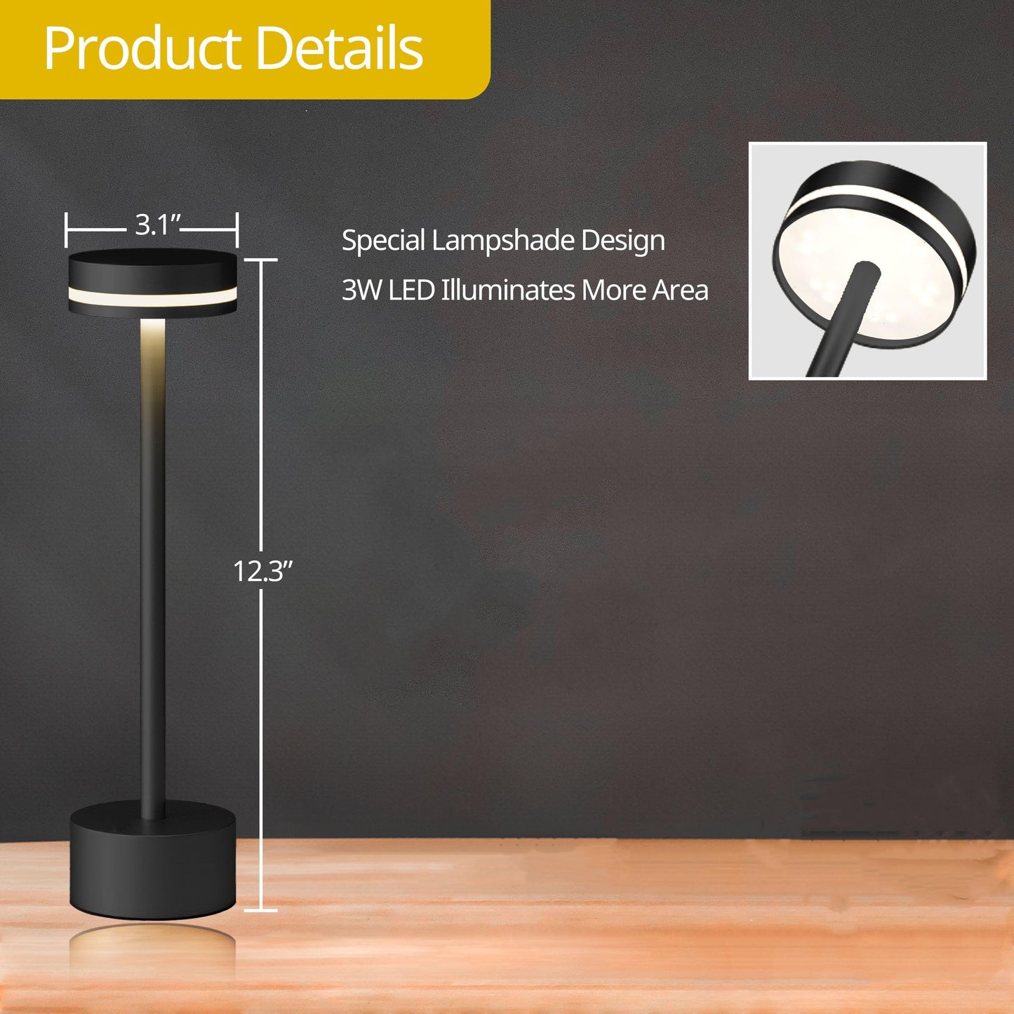 OFiSEXPT Portable Rechargeable Bedside Lamp, Touch Stepless Dimmable, Cordless Table Lamp for Home, Bedroom, Hotel, Restaurant, Bar, Outdoor, 1 Pack (Black)