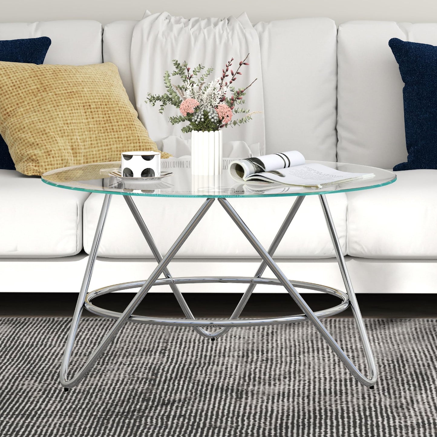 OIOG Glass Coffee Table, Round Coffee Table Living Room, Modern Coffee Table with Tempered Glass Tabletop and Chrome Frame, Silver
