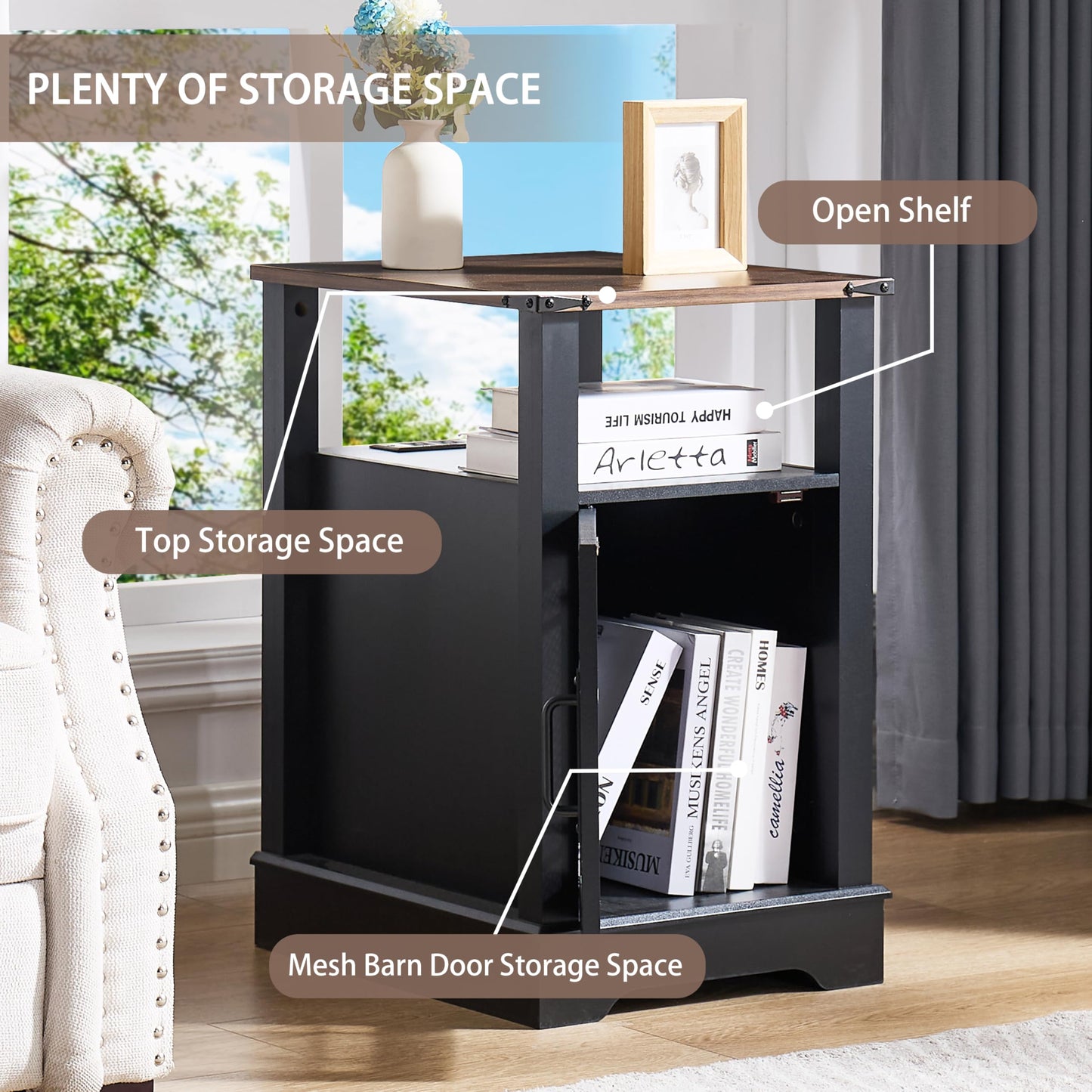 Night Stand with Charging Station Farmhouse End Table for Living Room, Black Nightstand for Bedroom Furniture, Storage Cabinet with Open Shelf, Wood Bed Side Tables for Living Room Couch or Sofa