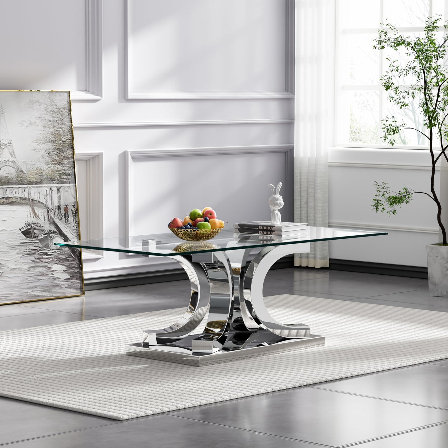 KUVADAZ 2 Pieces Living Room Table Set, Glass Coffee Table Set of 2, Modern Coffee Table and End Table with C-Shaped Stainless Steel Base for Living Room (Silver)