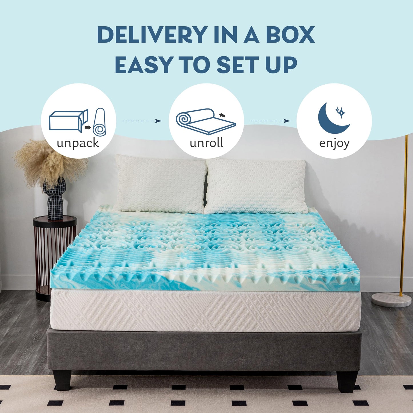 2 Inch 5-Zone Queen Memory Foam Mattress Topper, Gel Infused Foam Mattress Topper for Pressure Relief, CertiPUR-US Certified Queen Bed Topper,Blue, 60"×80"