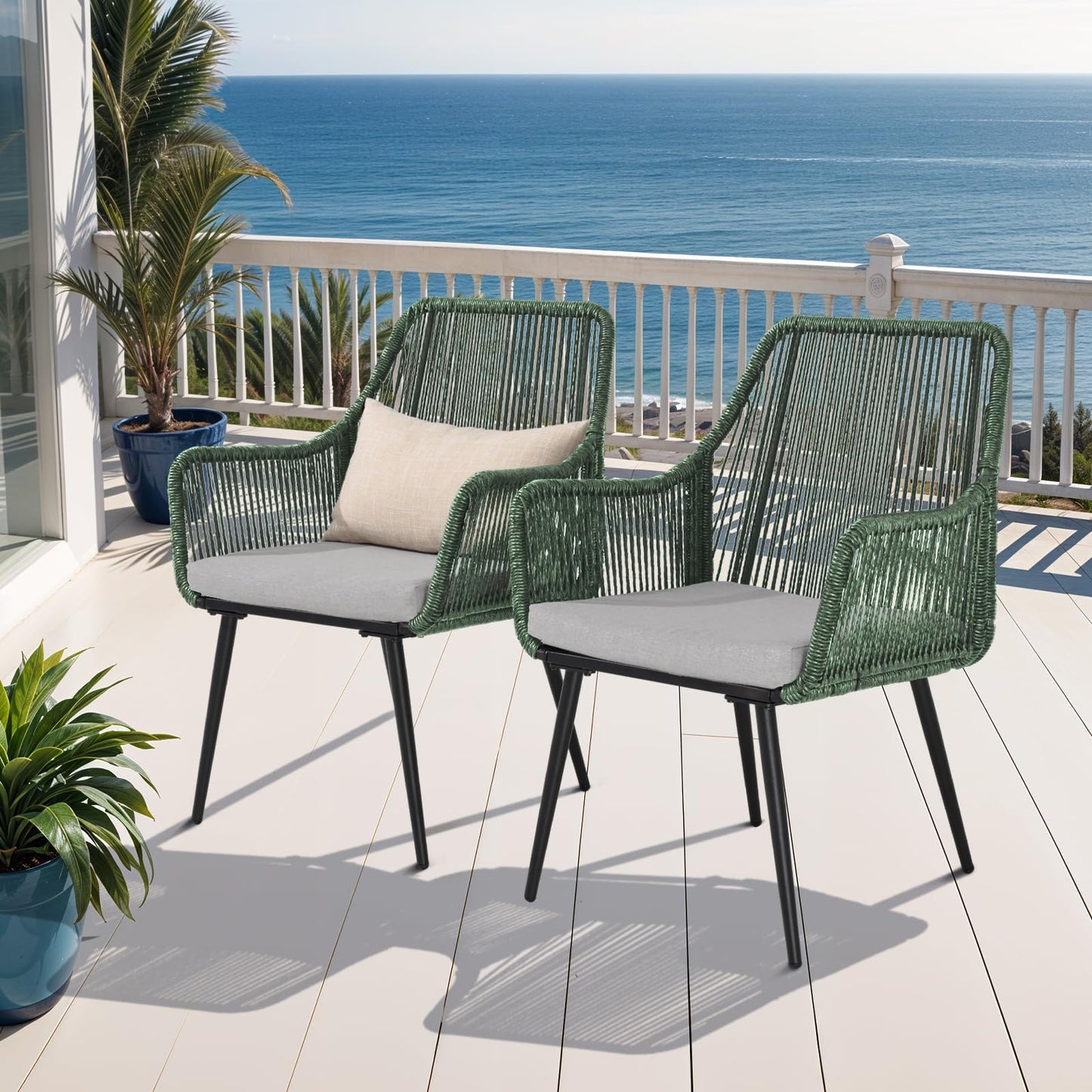 Olaterior Patio Dining Chairs Outdoor Dining Chairs Set of 4, Woven Twisted Wicker Rattan Chair with Armrest and Cushion, Modern Indoor Outdoor Seating for Garden, Lawn, Backyard, Green