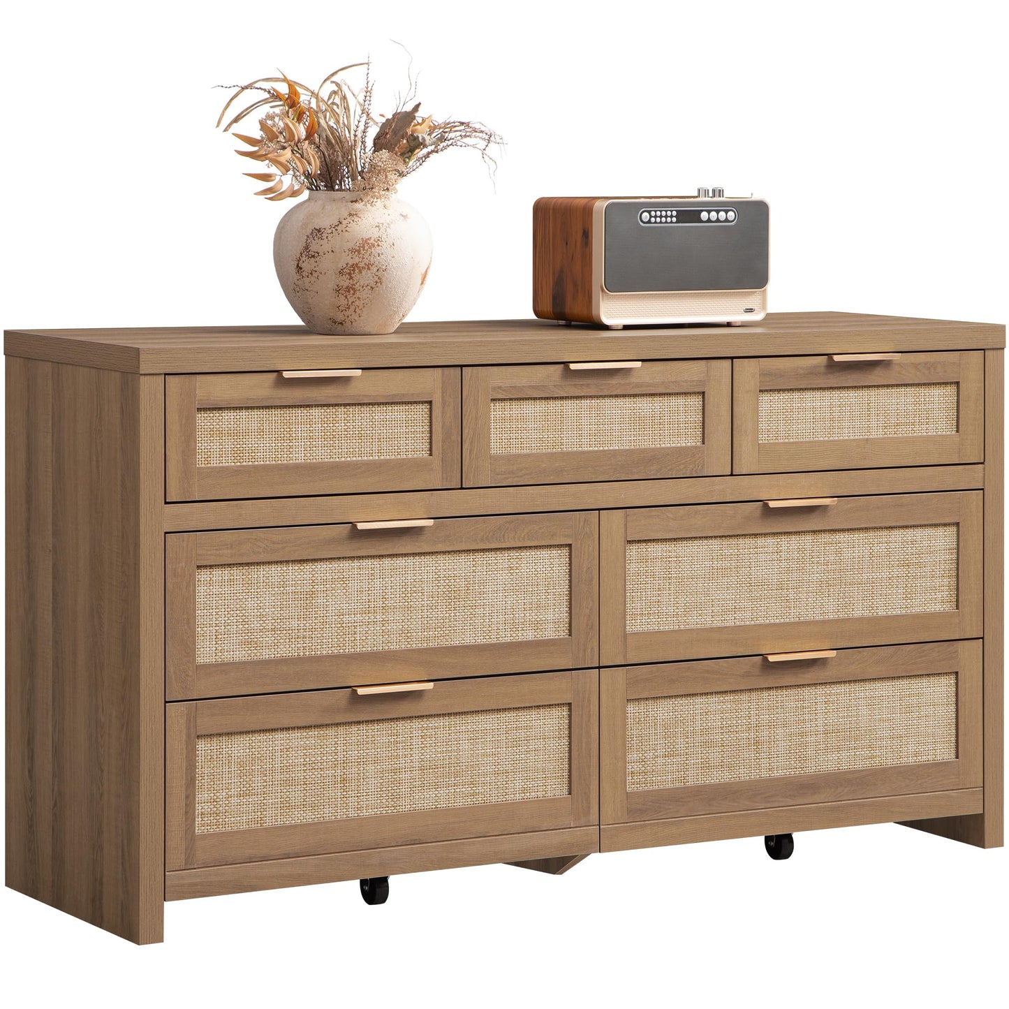 SICOTAS 7 Drawer Dresser for Bedroom, 57" Wide Rattan Dressers for Nursery, Living Room TV Stand, Boho Closet Organizer Chests of Drawer (Reclaimed Caramel Oak, 7 Drawers (1 pc))