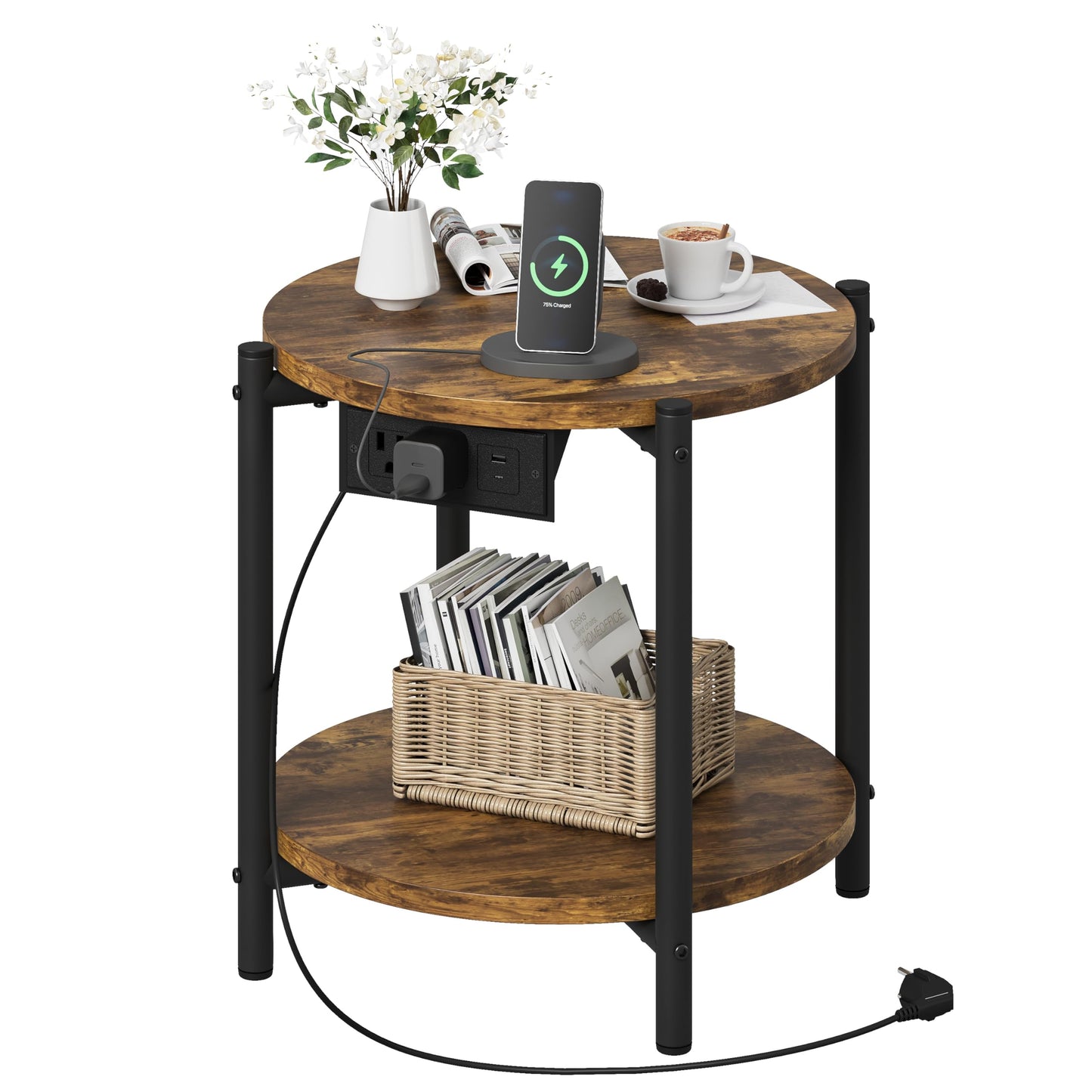 LIKIMIO Side Table with Charging Station, 2-Tier Round End Table with Lower Shelf, 15.8" W Modern Wooden Nightstand for Small Spaces, Living Room, Bedroom, Rustic Brown