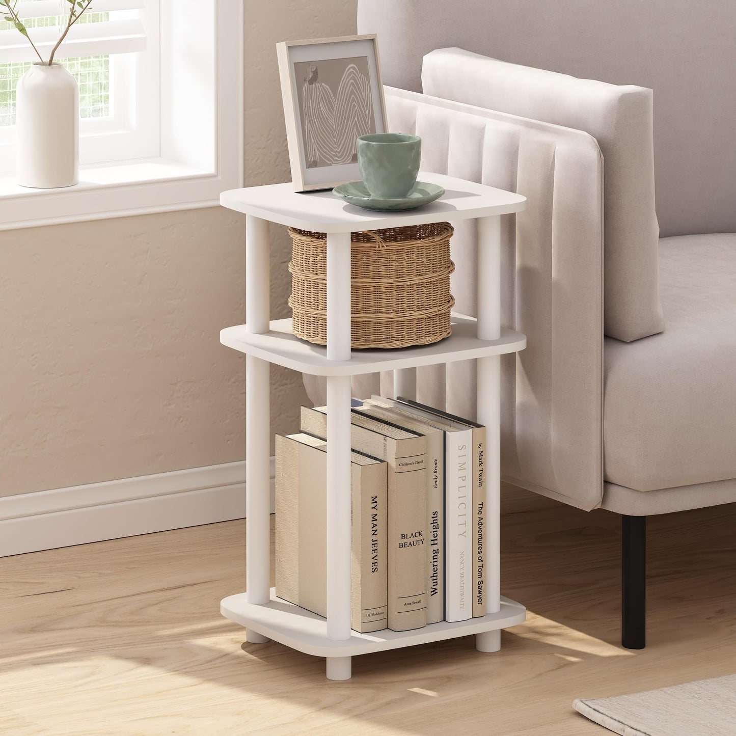 Furinno Just 3-Tier Turn-N-Tube Curve End Table, Side Table, 1-Pack, White/White