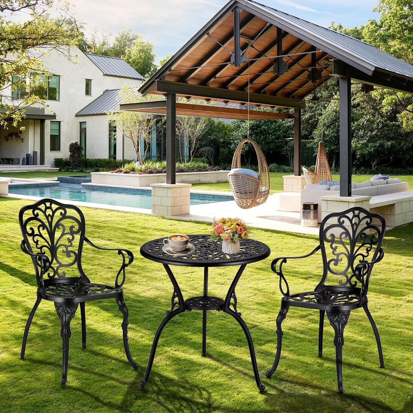 GarveeHome 3 Piece Outdoor Bistro Set, Cast Aluminum Patio Table and Chairs Set of 2 with Umbrella Hole, Rust-Resistant All Weather Balcony Furniture for Backyard, Porch, Black