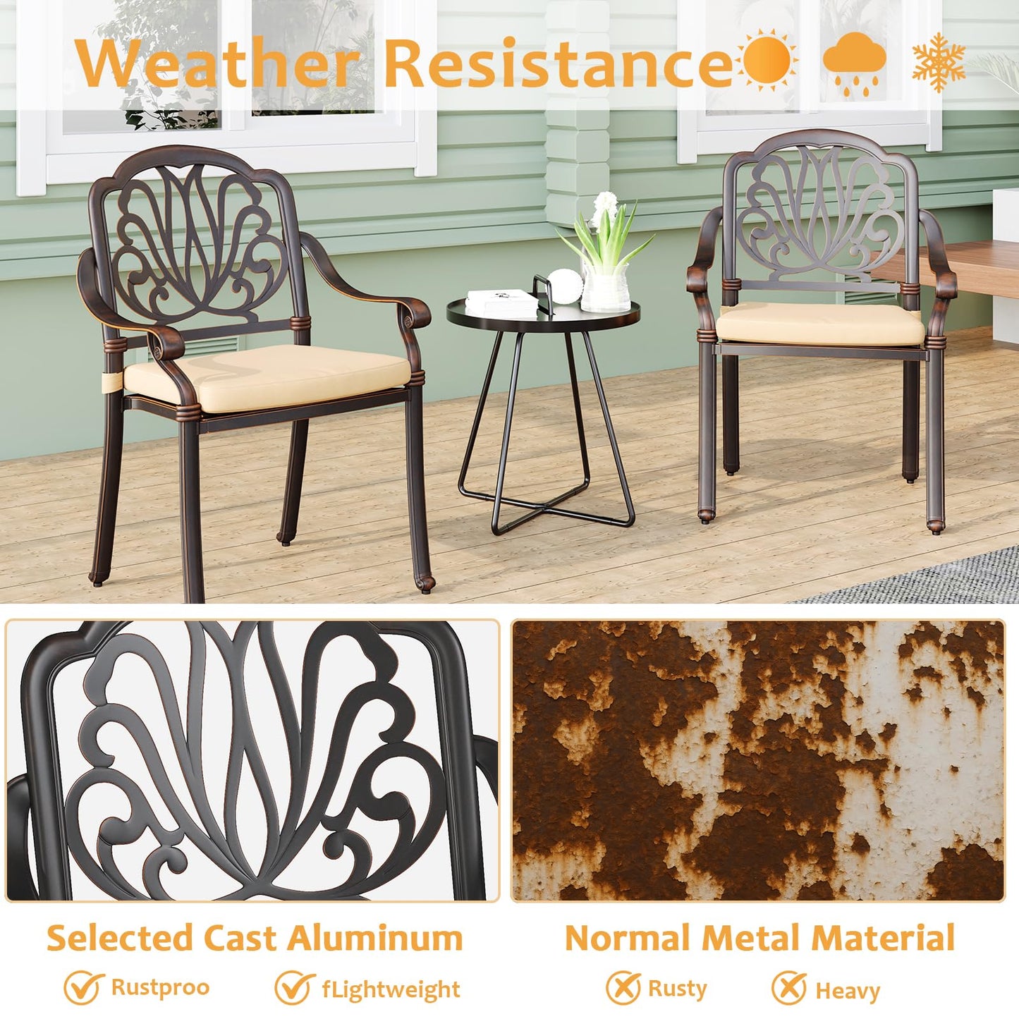 HOMTHING Cast Aluminum Outdoor Dining Chairs Set of 2, Patio Dining Chair with Seat Cushions,Rustproof UV Protected Comfortable Seating for Backyard&Poolside