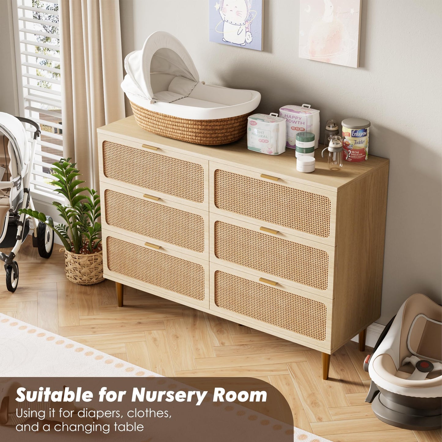 Rattan 6 Drawer Dresser for Bedroom, Large Double Dresser with Deep Drawers, Wooden Chest of Drawers for Closet with Wide Top, for Living Room, Hallway, Kids Room, Natural