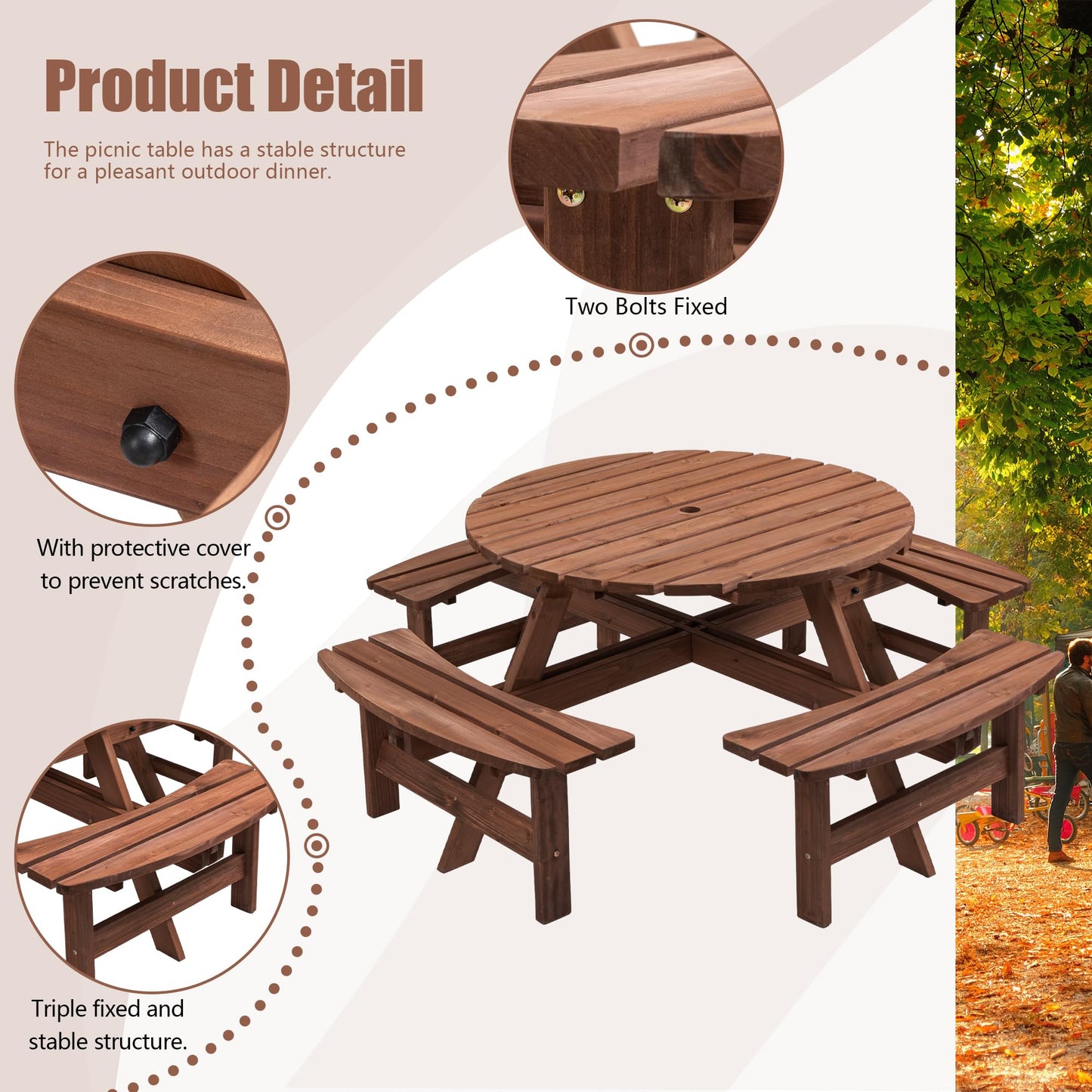 DOPERFE 8-Person Outdoor Round Wooden Picnic Table with 4 Built-in Benches, Outdoor Dining Set with Umbrella Holes, 2220 lb. Weight Capacity for Garden, Lawn, Patio (Brown, 70.07"*70.07"*27.55")