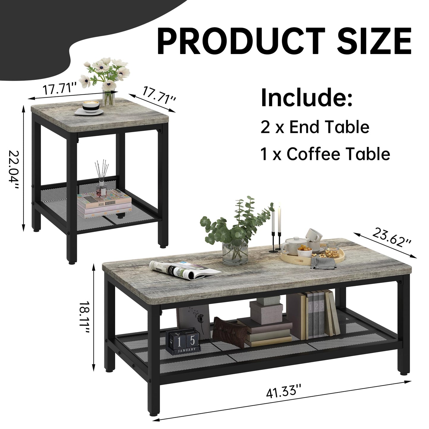 AWQM Coffee Table Set of 3, Industrial Coffee Table with 2 Square End Side Tables, Modern Living Room Table Set with Metal Frame for Apartment Home Office, Grey