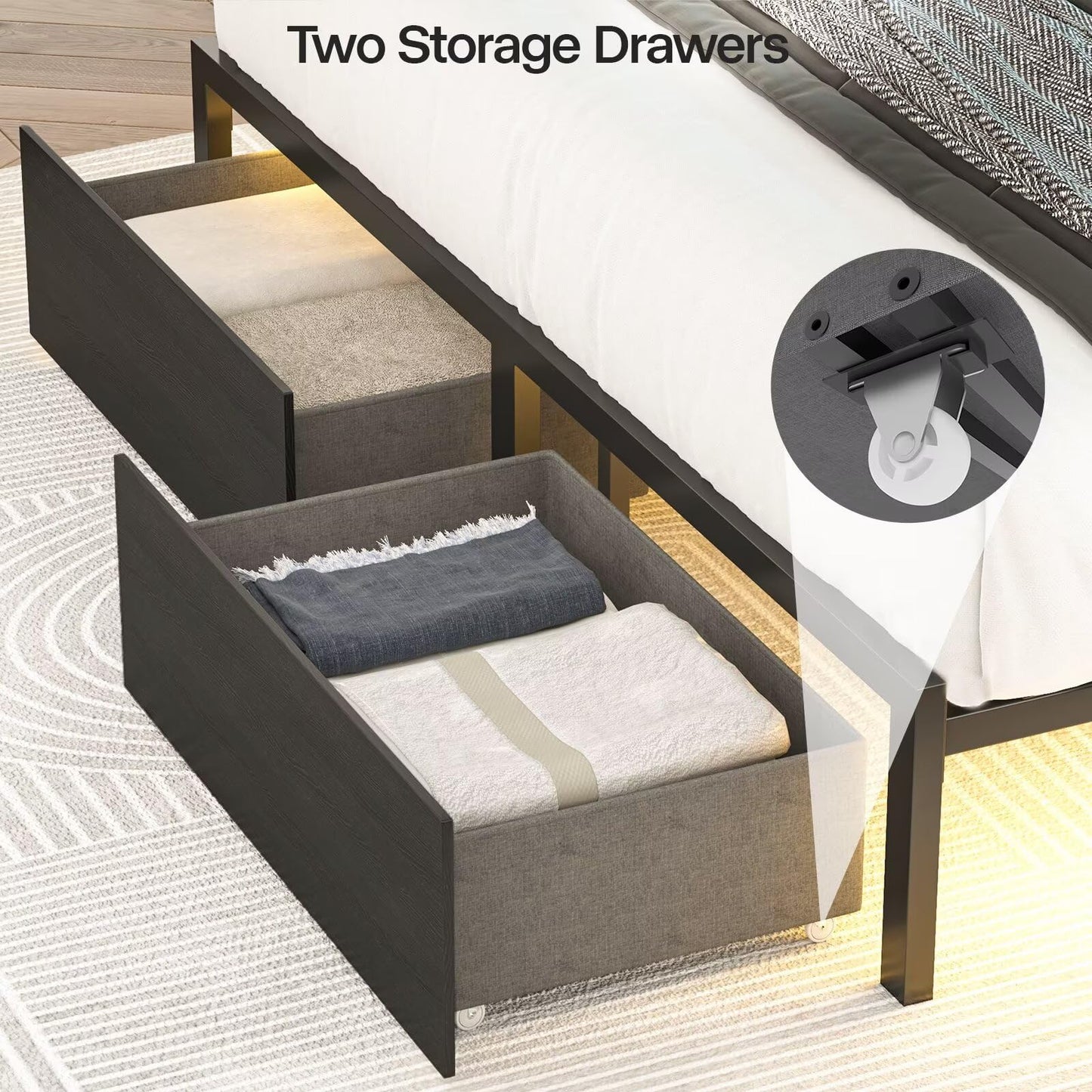 Siihnon Queen Bed Frame with Tall Headboard and LED Lights, 51.2" Bookcase Black Bed Frame Queen Size with Storage Drawers and Charging Station, Platform Metal Bed Frames, No Box Spring Needed, Black