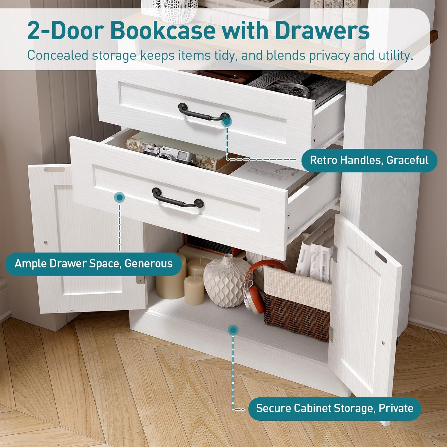 RALGEND Farmhouse Tall Bookshelf, 7 Tier Arched Bookcase with Drawers and Doors, Book Shelf with Storage Cabinet, Wooden Freestanding Open Display Bookshelves for Living Room, Office, White and Walnut