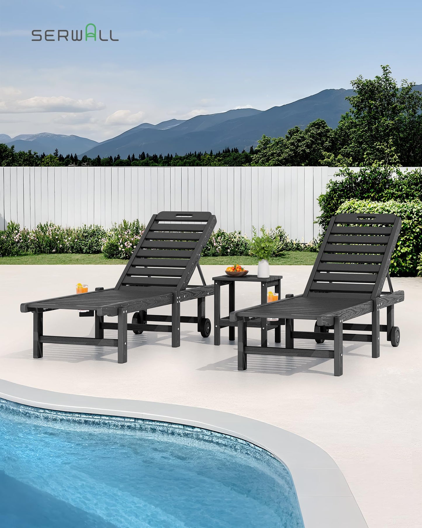 SERWALL Patio Chaise Lounge, HDPE Outdoor Lounge Chair with Cup Holder, 5 Positions Adjustable Poly Lounge Chair with Rolling Wheels for Poolside, Deck, Sunbathing, Grey