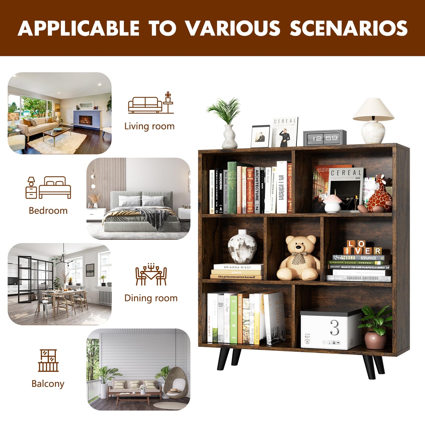 Shintenchi Cube Storage Organizer, 3 Tier Mid-Century Bookcase with Legs Cubeicals Retro Wood Organizer Storage Bookcase, Freestanding Open Book Shelves for Bedroom,Living Room,Office(Brown)