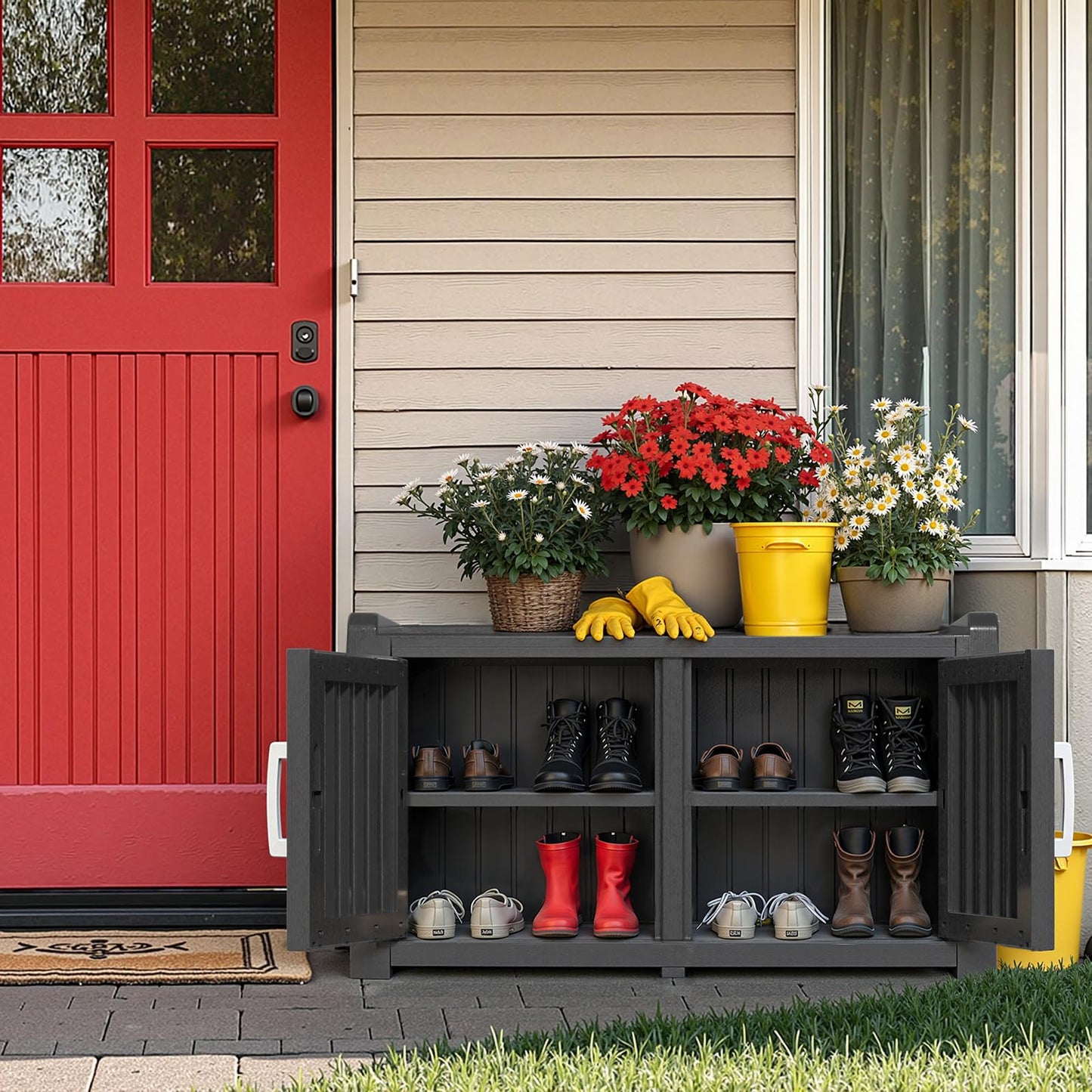 ROJIK Shoe Cabinet Waterproof UV-Resistant,Storage Bench Indoor Outdoor with Adjustable Shelves,for Entryway Bedroom,Hallway,Living Room(Double Door,Black)