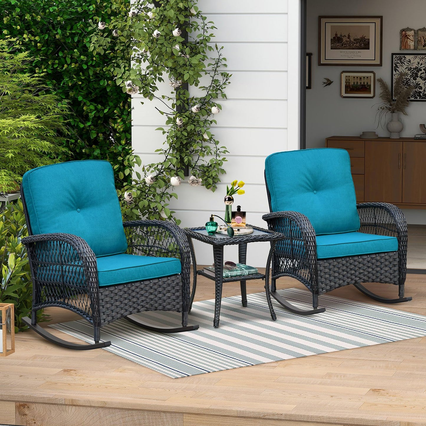Skypatio Outdoor Wicker Rocking Chairs Set of 2 and Coffee Table, 3 Pieces Patio Bistro Furniture Set with Comfortable Cushions for Balcony, Porch, Backyard, Deck(Peacock Blue)
