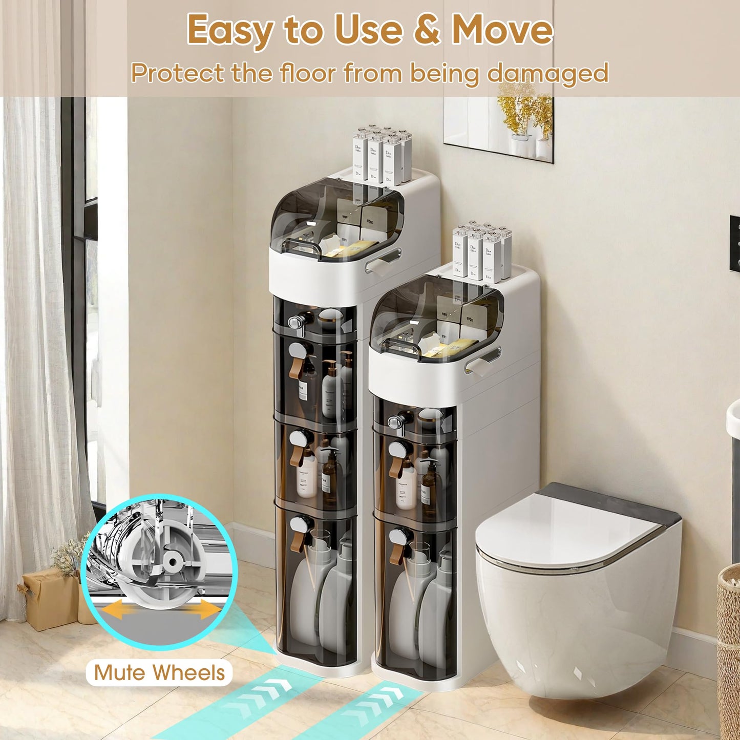 MOSAMNI 4-Tiers Slim Bathroom Storage Cabinet, Waterproof Narrow Storage Cabinet with Drawers for Small Spaces, Bathroom, Kitchen, Laundry, Living Room
