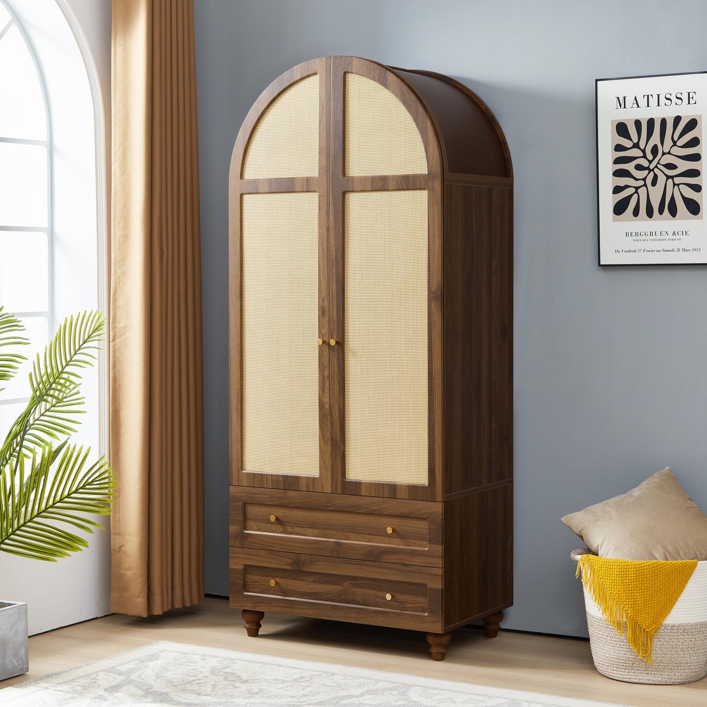 QEIUZON Wardrobe Closet, Arched Rattan Wardrobe Cabinet with Hanging Rod & 2 Drawers, 75" Freestanding Storage Cabinet for Living Room, Laundry Room (Walnut)