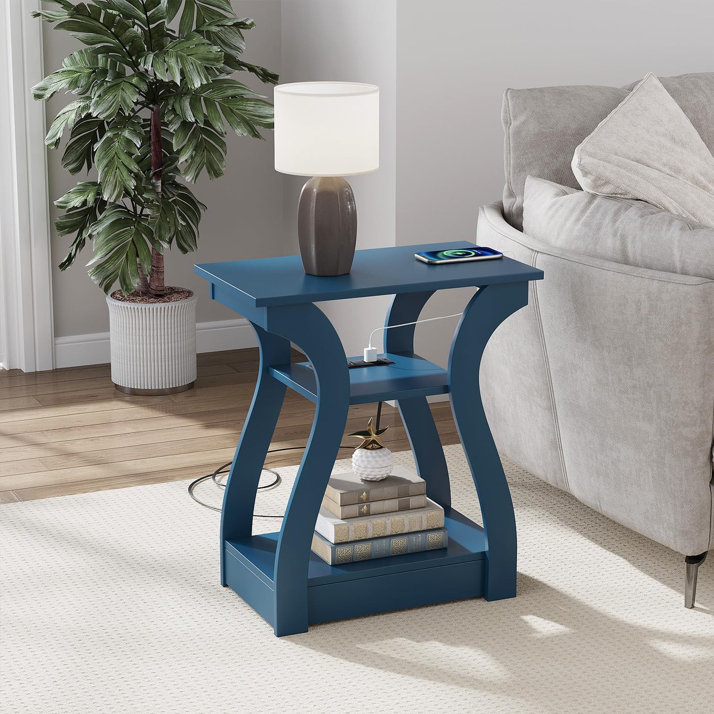 FROMJBEST End Tables Living Room Set of 2,End Table with Charging Station and USB,Navy Blue Side Table, Nightstand for Bedroom,3 Tier End Table with Storage Shelf for Living Room Navy Blue