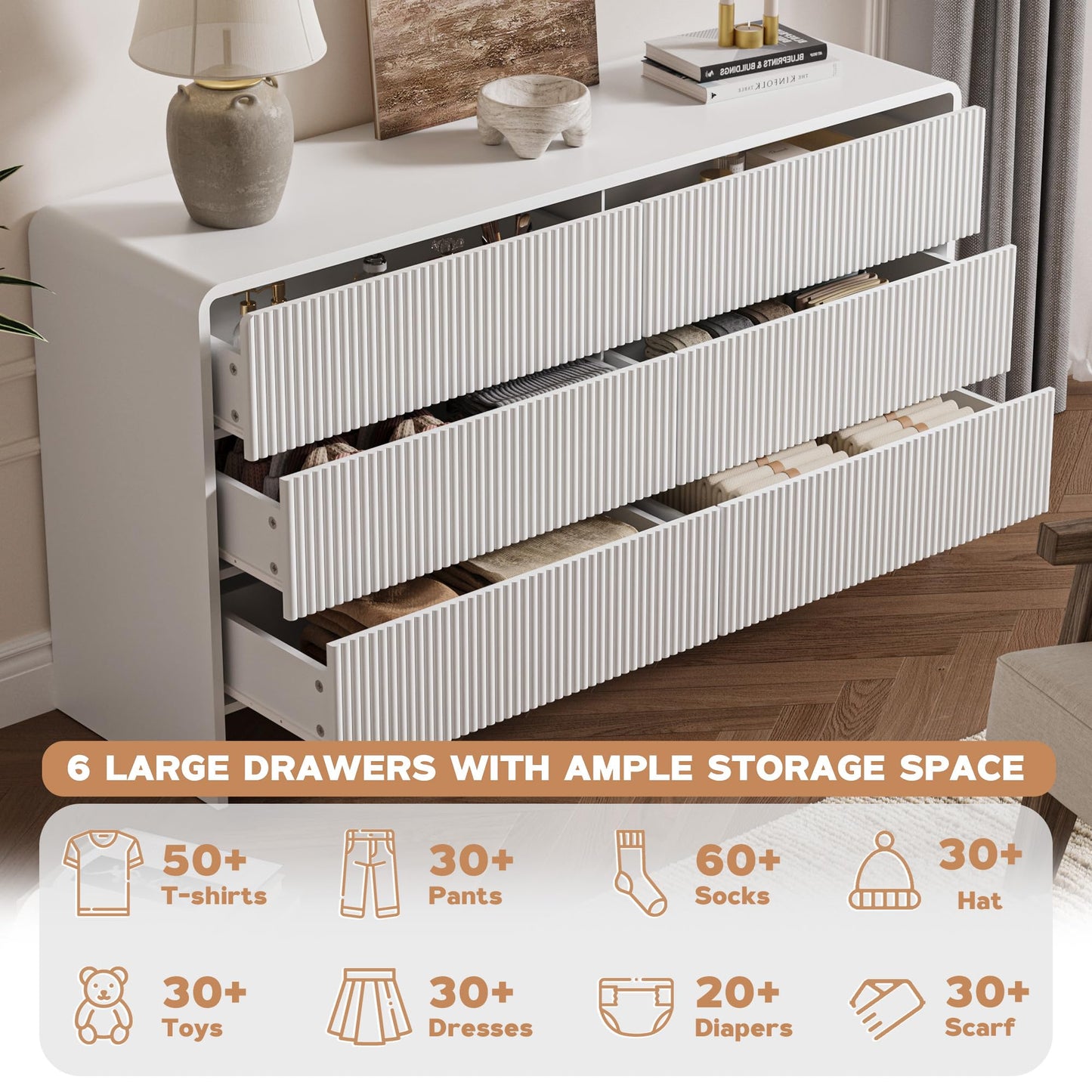 MAISONARIA 3-Piece Curved Dresser Bedroom Set, 6 Drawer Dresser & 2 Drawer Nightstands with Pop-up Design, Fluted Wood Chest of Drawers for Bedroom, Living Room, Entryway, White