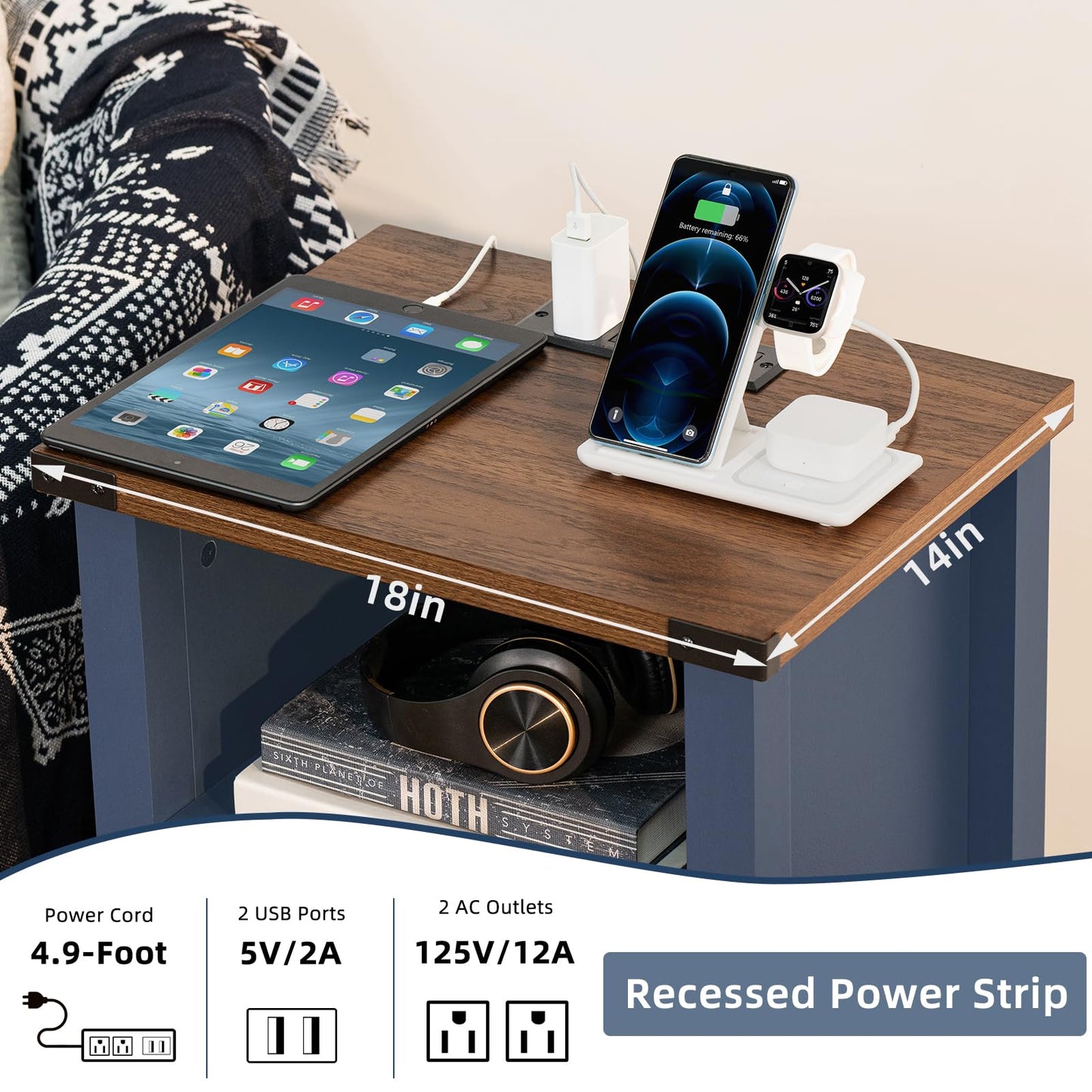 Joaxswe Night Stand Set of 2, 18 Inch Farmhouse Nightstand with with Charging Station and USB Port, Rustic Couch End Table with Magnetic Door, Wood Bed Side Tables for Bedroom, Home, Navy Blue