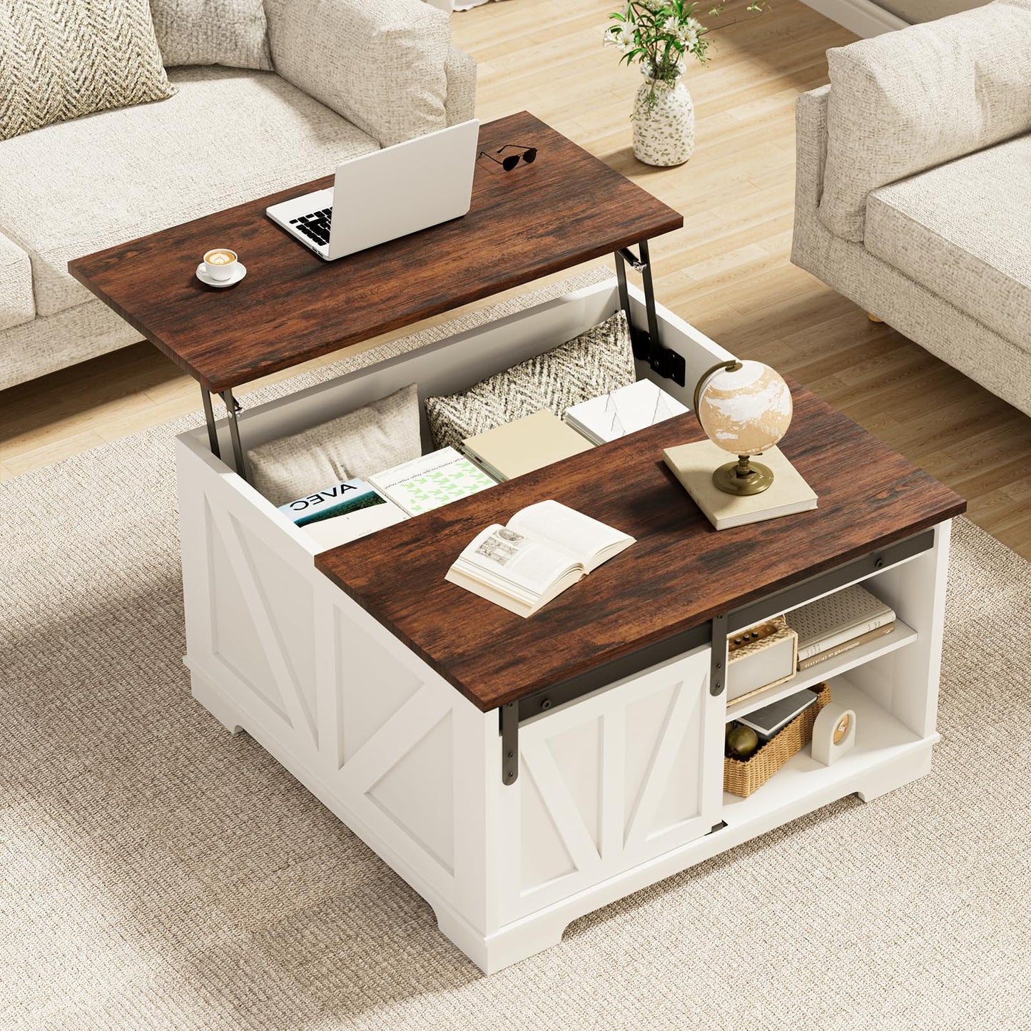 Loftiage 31.5” Lift Top Coffee Table with Hidden Storage, Farmhouse & Modern Square Coffee Table, Space Saving Center Table for Living Room, Home Office, Small Spaces