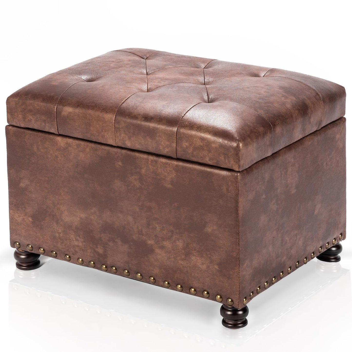 Joveco Leather Storage Ottoman, 24" Rectangle Tufted Square Upholstered Bench, Foot Rest Stool with Wood Legs, Footstool for Living Room Bedroom, Coffee