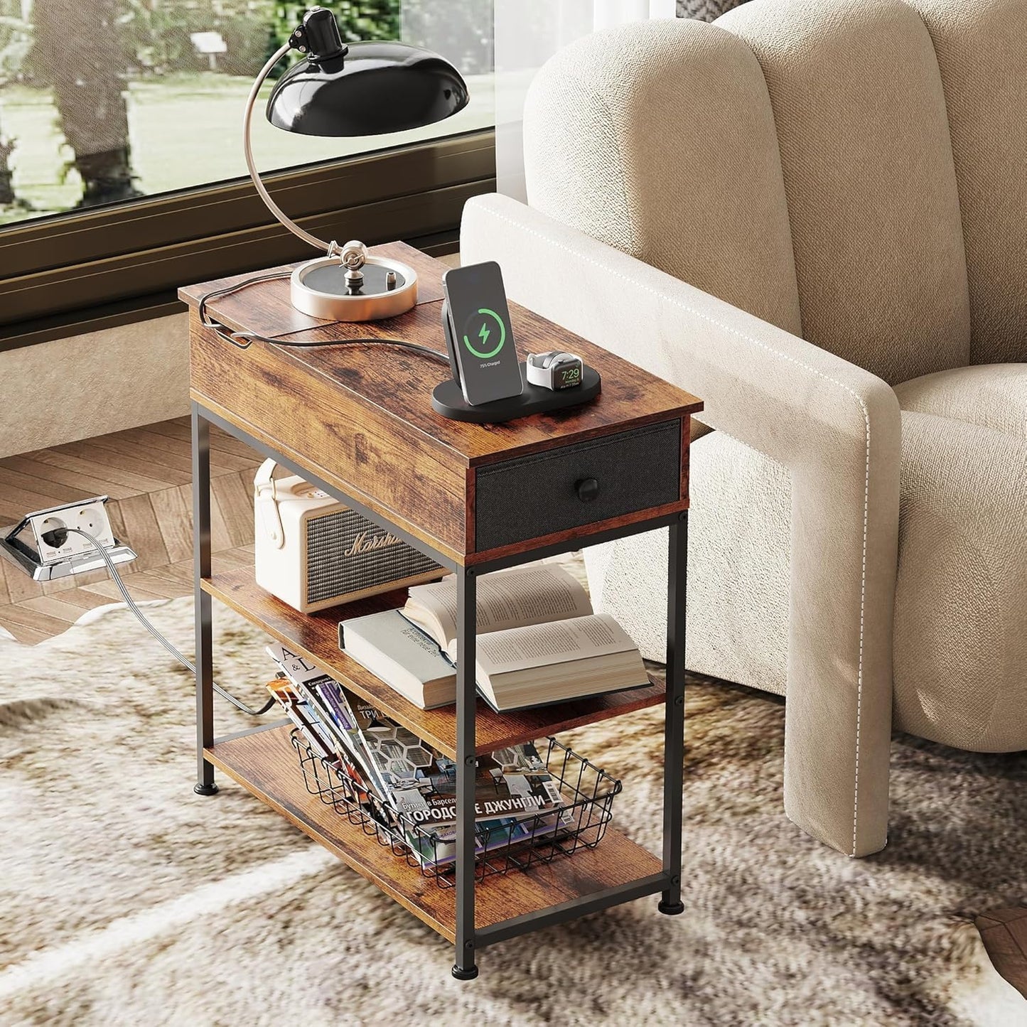 WLIVE Narrow Side Table with Charging Station, End Table for Living Room, Couch Side Table with Fabric Drawer for Bedroon, 11.8‘’W 23.6‘’L 24‘’H, Rustic Brown