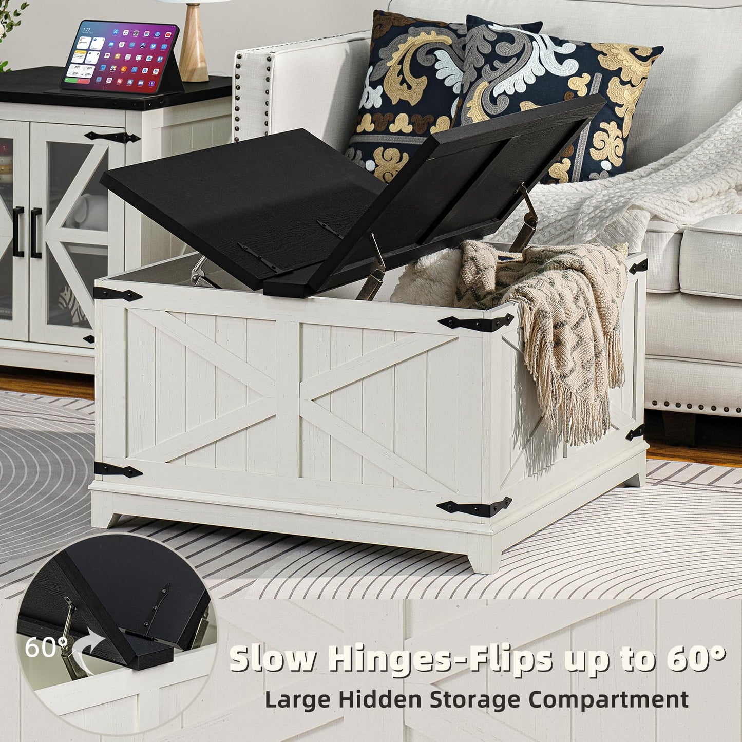 Joaxswe Farmhouse Living Room Sets, Coffee Table with Hidden Storage Organizer and Nightsands with Charging Station, Coffee Table Set of 3 for Living Room,Office, Home