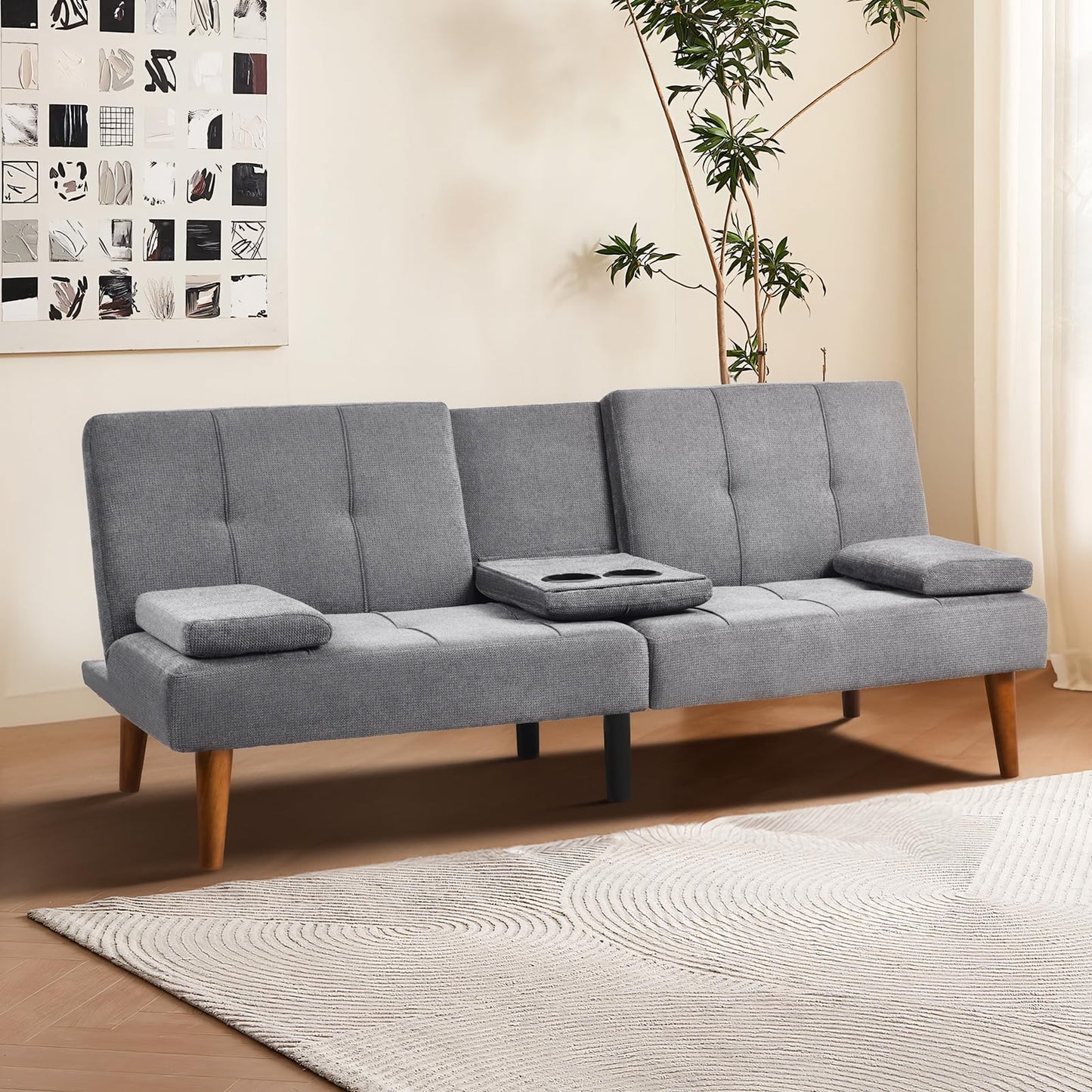 COLAMY Futon Sofa Bed-Fabric Small Couch, Small Lounge Convertible with 2 Cup Holders, Removable Soft Armrest, Adjustable Backrest for Dorm/Bedroom/College