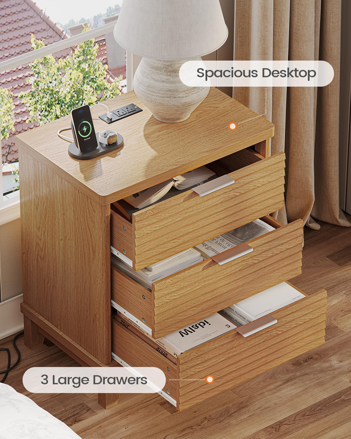 AOGLLATI Fluted Night Stand with Charging Station and 3 Drawers, Wood Nightstands Beside Table with Slanted Louvered Design,Retro End Side Table for Bedroom (1, Wood)