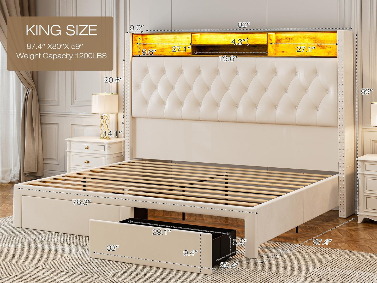 CIKUNASI Upholstered King Size Bed with Headboard & Storage - 60" Tall with 2 Drawers, Tufted Wingback Bed w/ LED Light & Charging Station - No Box Spring Needed