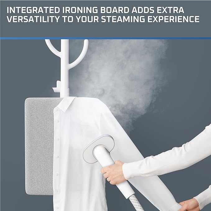 Rowenta Steamer for Clothes with Ironing Board, Home Steam, Stainless Steel Full Size Steamer, 47.33oz Water tank, Hanger rack for Clothes, Compact, 1800 Watts, White IS3250