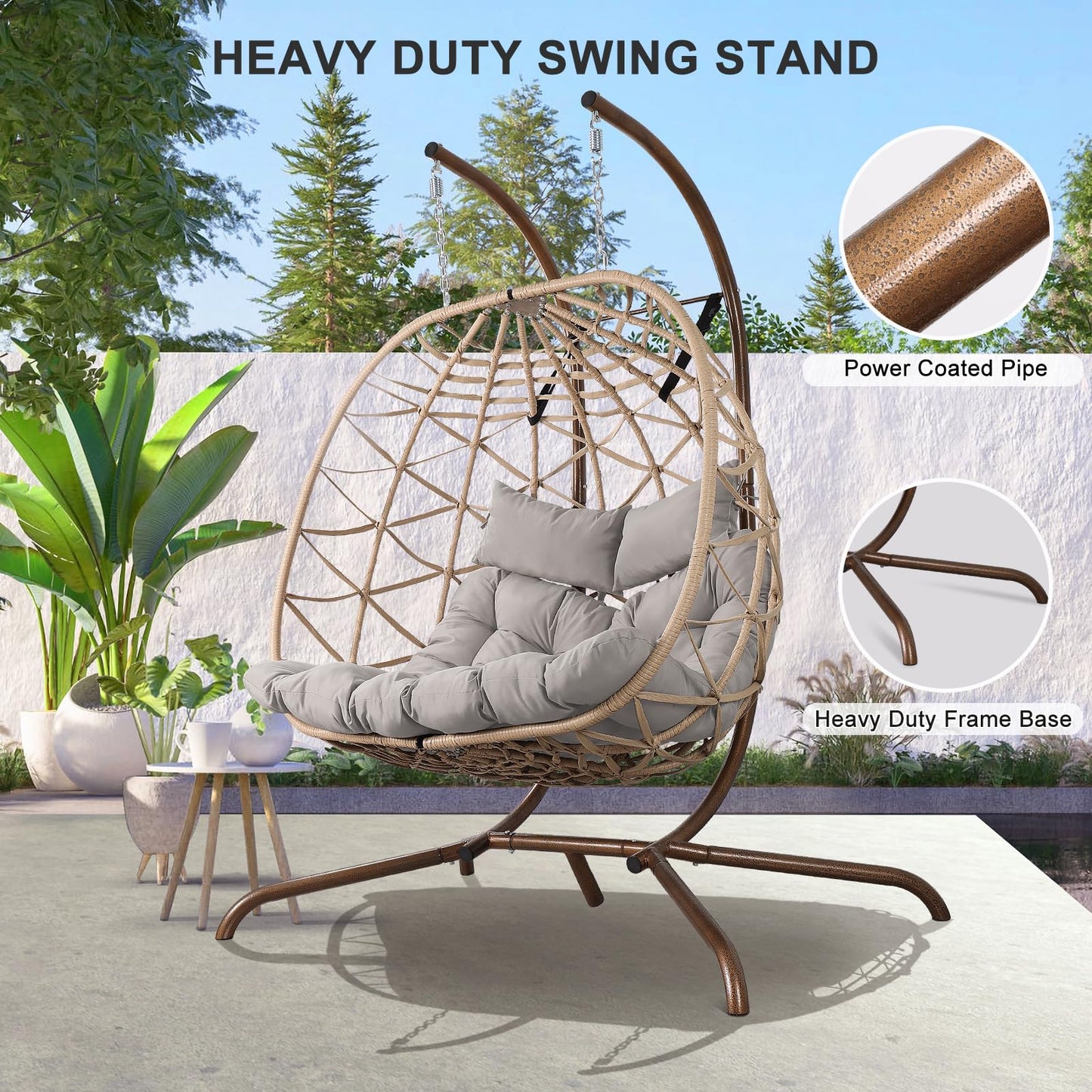 NOBLEMOOD Outdoor Egg Swing Chair with Stand, 2 Person Patio Swing Chairs with Thick Cushions and Pillows, Wicker Double Egg Chair Swing for Indoor Bedroom