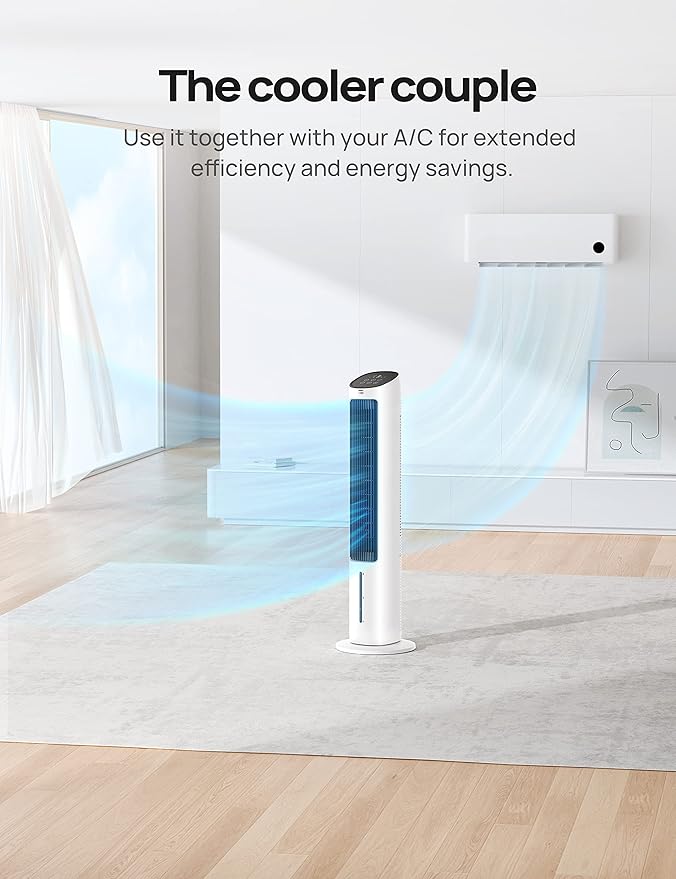 Dreo Evaporative Air Swamp Cooler, 40” Standing Fans that Blow Cold Air, 80° Oscillating Bladeless Cooling Fan for Bedroom, Removable Water Tank, Ice Packs, Remote Control, 4 Speeds, White and Black