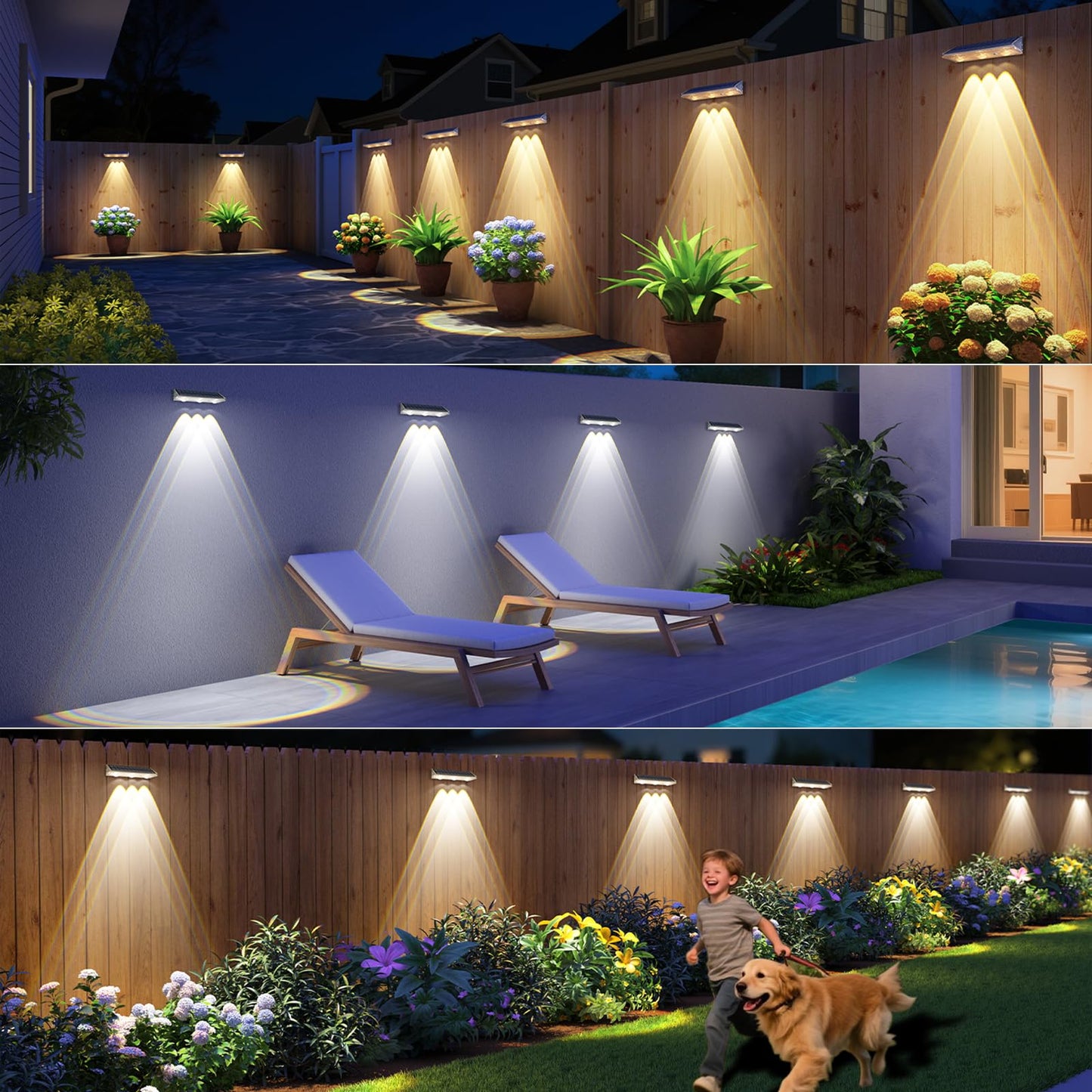 Yilaie Solar Fence Lights Outdoor-IP67 Waterproof 3000K/4500K/6500K,High Brightness LED Fence Lights Solar Powered,Solar Wall Light for Outside Backyard/Railing/Step/Patio/Stair Railings/Pool （4 Pack）
