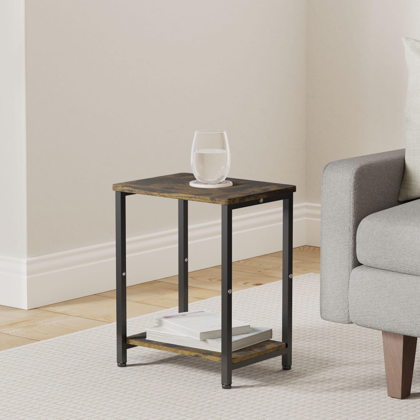 Tigerden 2 Tier Side Table, Heavy Duty End Table with Shelves, Narrow nightstand Table for Small Spaces, Record Player Table for Bedroom, Living Room, Sofa Couch - Rustic Brown & Black