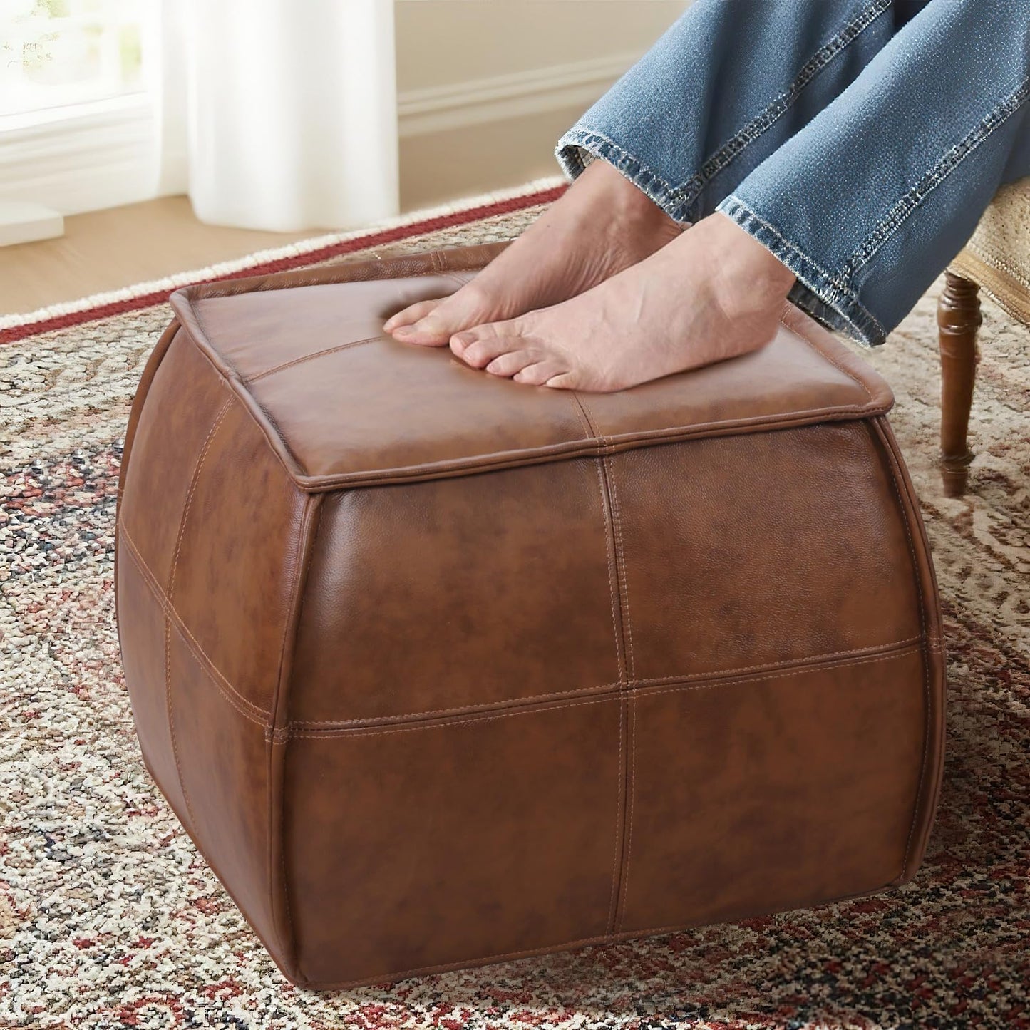 Couchus Genuine Leather Square Pouf Ottoman Footstool for Living Room, Bedroom, Indoor (Brown)
